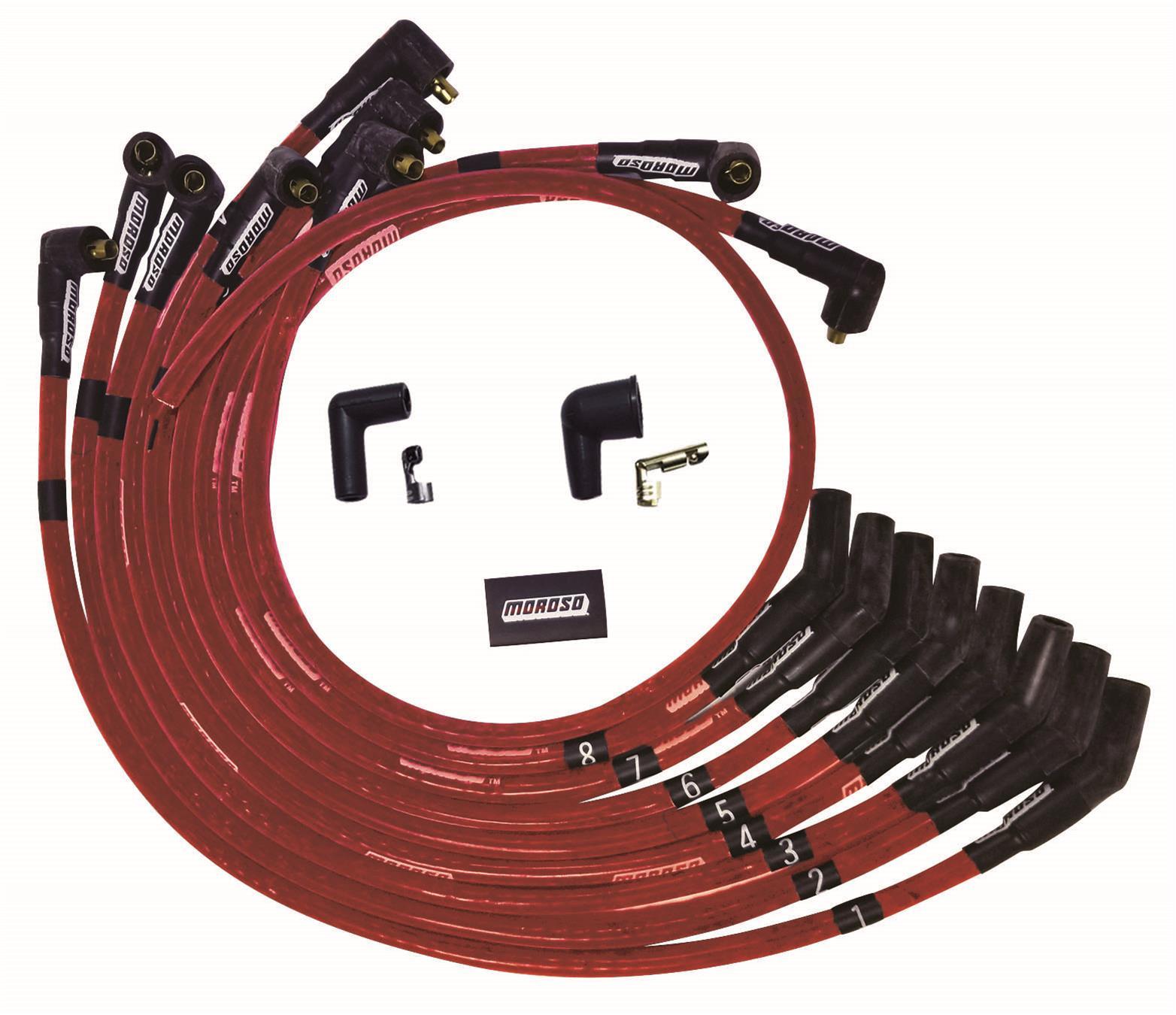 Moroso 52571 - SB Ford 260/289/302 135 Deg Plug Boots Non-HEI Sleeved Ultra Spark Plug Wire Set - Red Moroso 52571 - SB Ford 260/289/302 135 Deg Plug Boots Non-HEI Sleeved Ultra Spark Plug Wire Set - Red