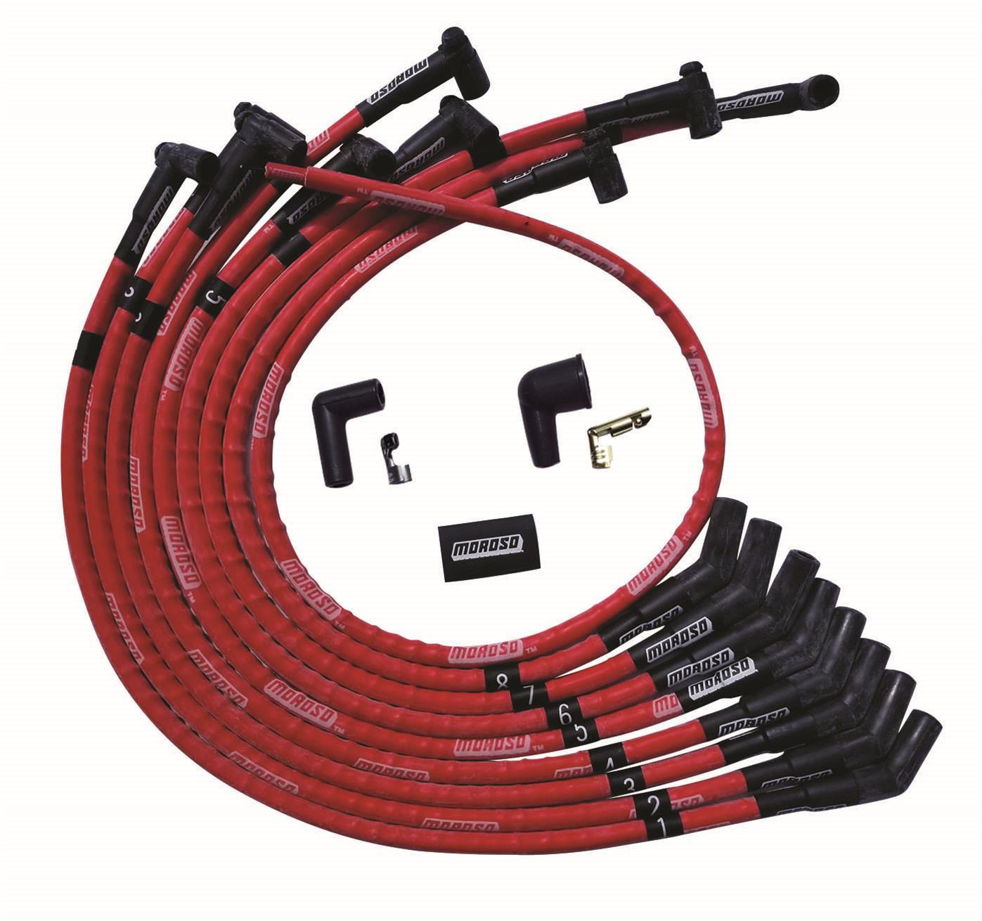Moroso 52570 - SB Ford 260/289/302 135 Deg Plug Boots HEI Sleeved Ultra Spark Plug Wire Set - Red Moroso 52570 - SB Ford 260/289/302 135 Deg Plug Boots HEI Sleeved Ultra Spark Plug Wire Set - Red