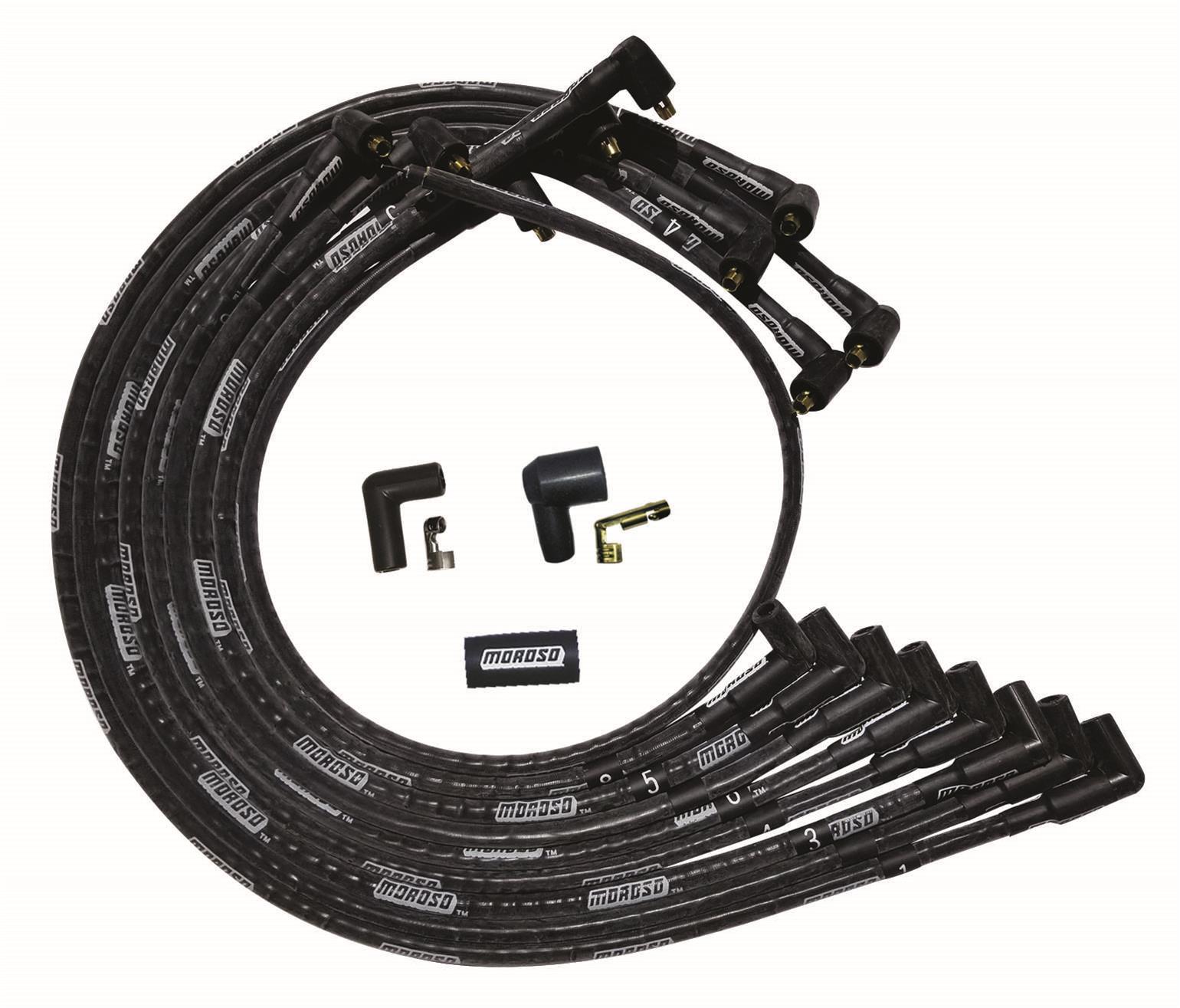 Moroso 51529 - SBC Under Header 90 Deg Plug Non-HEI Sleeved Ultra Spark Plug Wire Set - Black Moroso 51529 - SBC Under Header 90 Deg Plug Non-HEI Sleeved Ultra Spark Plug Wire Set - Black