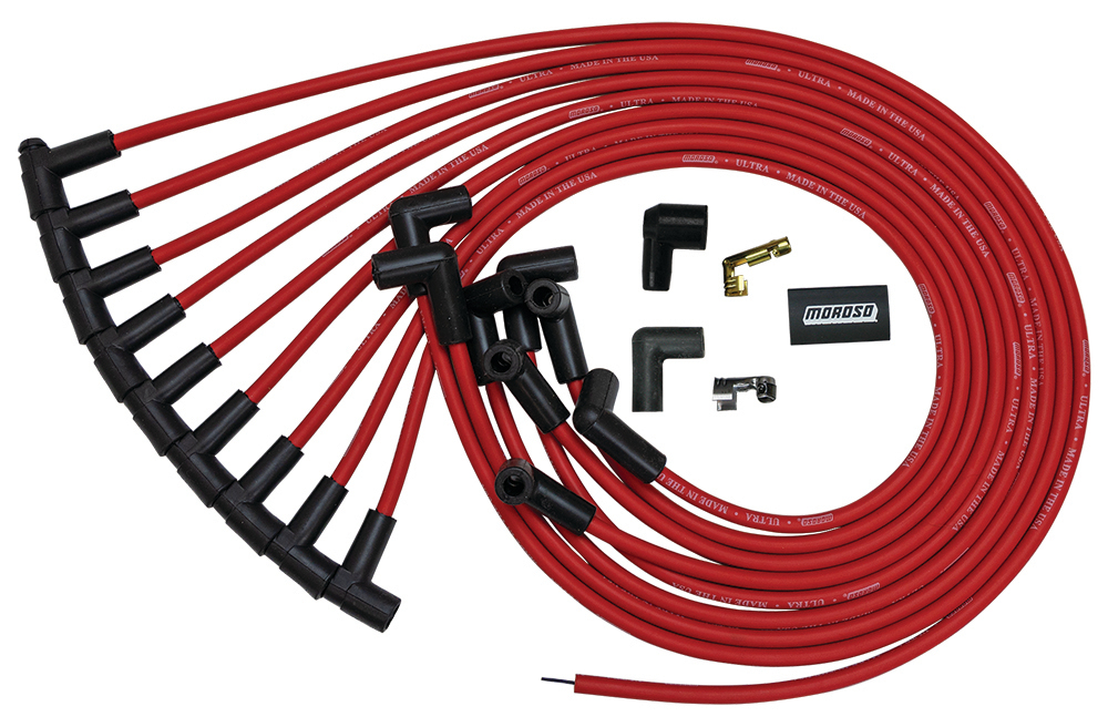 Moroso 52043 - BBC Under The Header 90 Deg Plug Boots HEI Ultra Spark Plug Wire Set - Red