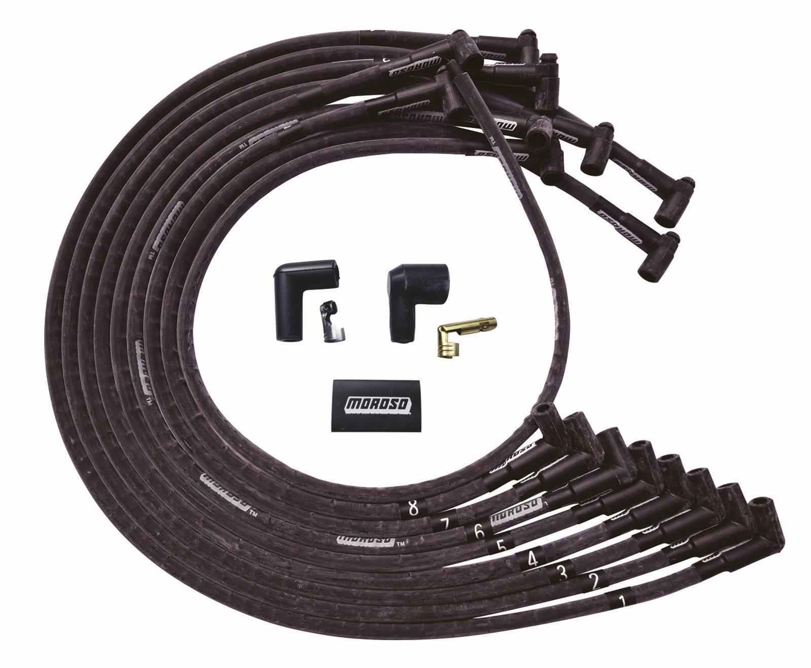 Moroso 51543 - BBC Under Header 90 Deg Plug End HEI Sleeved Ultra Spark Plug Wire Set - Black