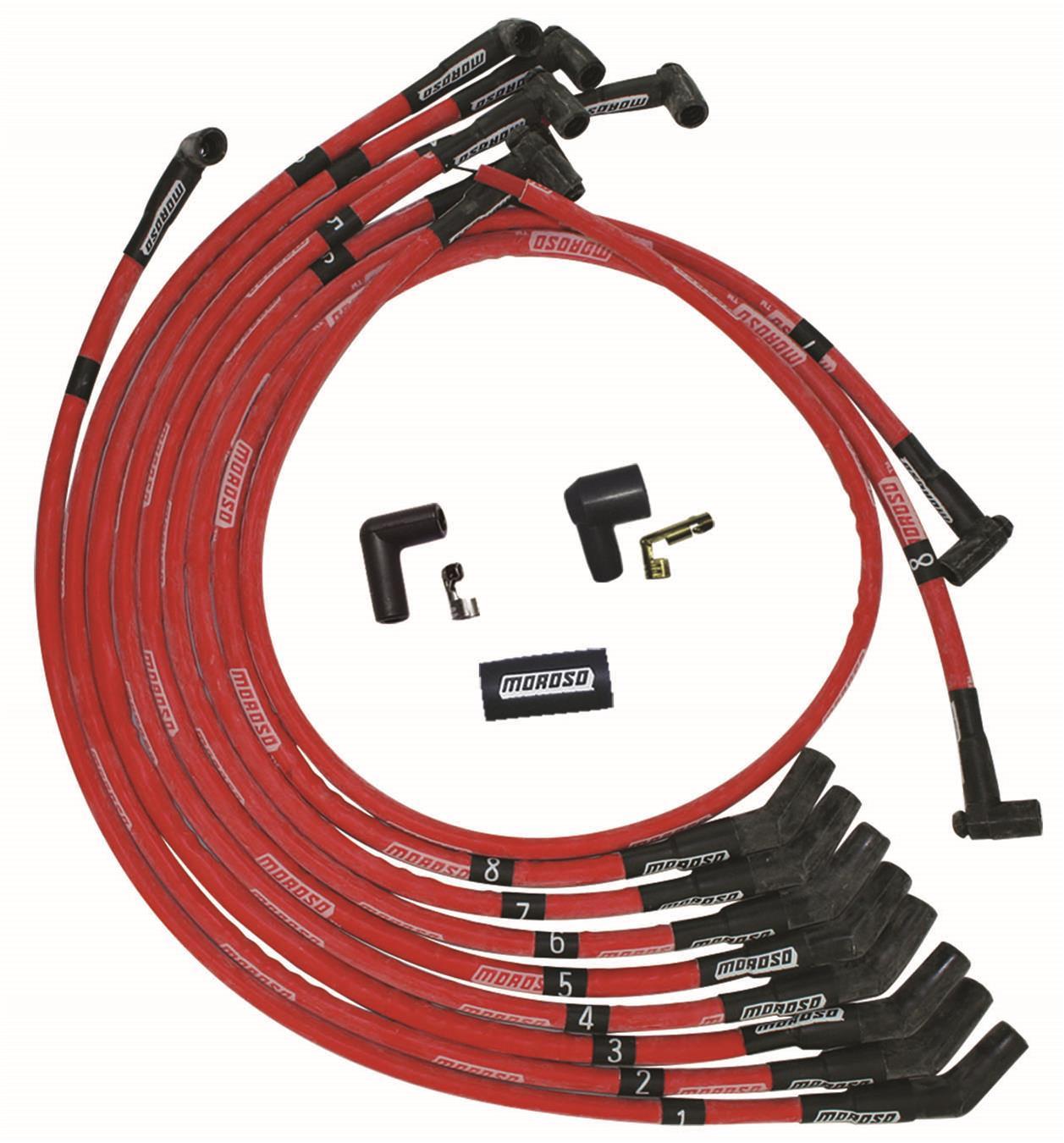 Moroso 52572 - SB Ford 351W 135 Deg Plug Boots HEI Sleeved Ultra Spark Plug Wire Set - Red