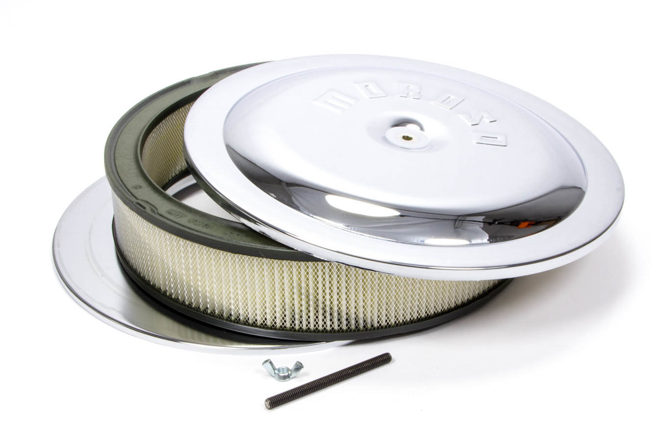 Moroso 65945 - Racing Air Cleaner - 14in x 3in Filter - Flat Bottom - Steel - Chrome Plated - 4500 Moroso 65945 - Racing Air Cleaner - 14in x 3in Filter - Flat Bottom - Steel - Chrome Plated - 4500