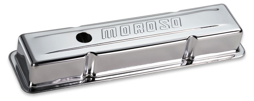 Moroso 68392 - Chevrolet Small Block Valve Cover - w/Baffle - Stock Height - Stamped Steel Chrome Plated Moroso 68392 - Chevrolet Small Block Valve Cover - w/Baffle - Stock Height - Stamped Steel Chrome Plated