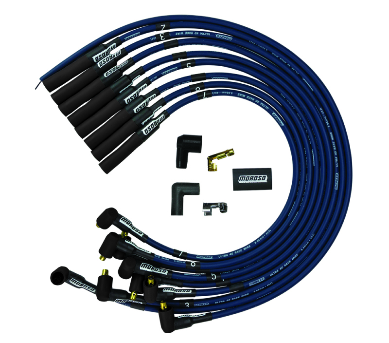 Moroso 73667 - Chevrolet Big Block Ignition Wire Set - Ultra 40 - Unsleeved - Non-HEI - Over Valve - Blue