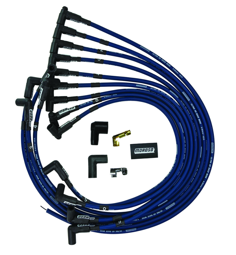 Moroso 73666 - Chevrolet Small Block Ignition Wire Set - Ultra 40 - Unsleeved - HEI - Under Header - Blue