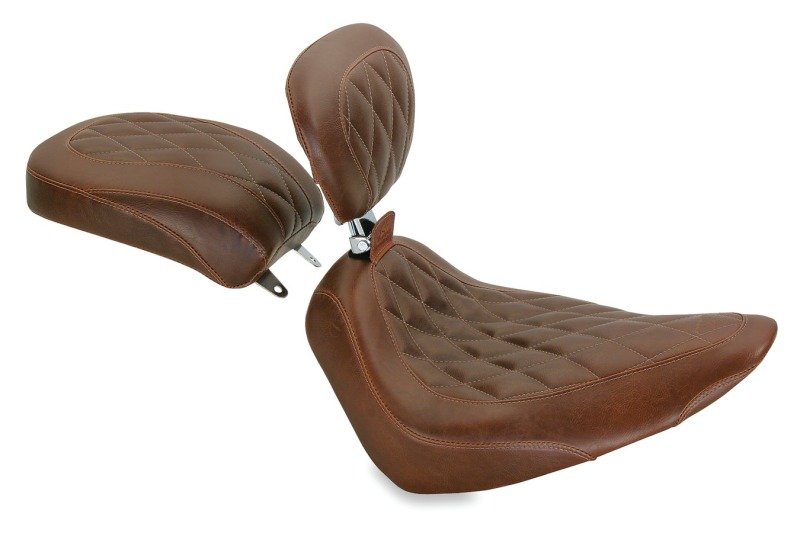 Mustang Motorcycle 79753 - Mustang 84-06 Harley Standard Rear Tire Wide Tripper Solo Seat w/Driver Backrest - Distressed Brown