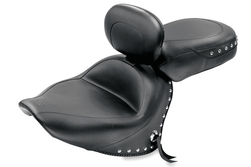 Mustang Motorcycle 79476 - Mustang 07-17 Yamaha V-Star 1300,1300 Tourer Wide 2PC Seat w/ Driver Backrest Studs- Black