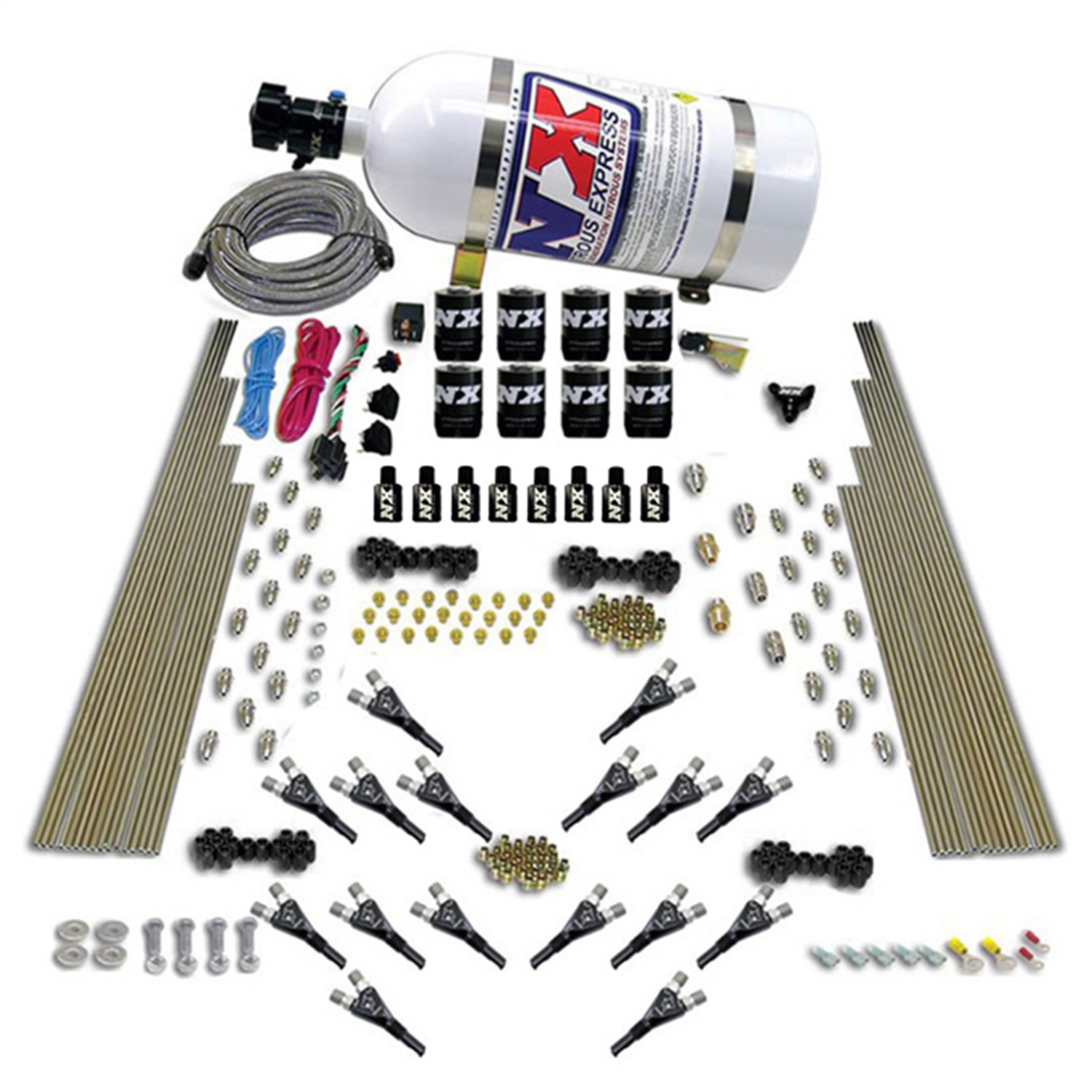 Nitrous Express 90008-10 - Shark Dual Stage/Gas 16 Nozzles 8 Solenoids Nitrous Kit (200-1200HP) w/10lb Bottle