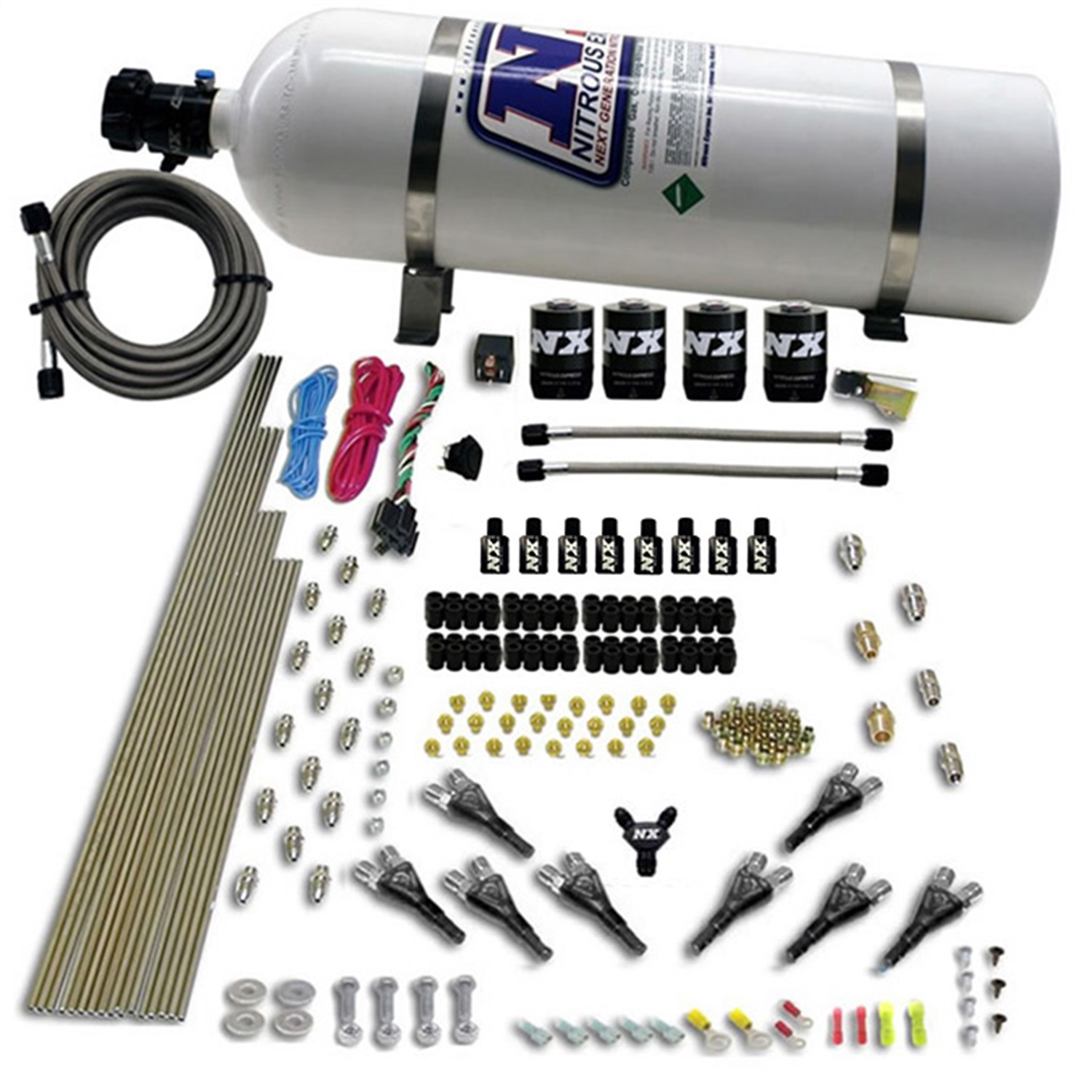 Nitrous Express 90006-15 - 8 Cyl Shark Direct Port 4 Solenoids Nitrous Kit (200-600HP) w/15lb Bottle