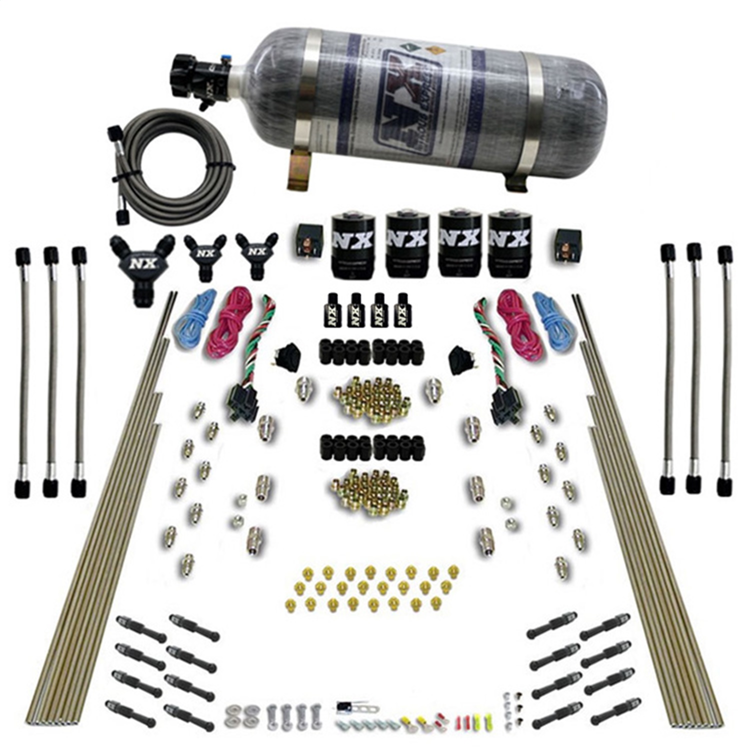 Nitrous Express 93106-12 - 8 Cyl Dry Direct Port Dual Stage 4 Solenoids Nitrous Kit (200-600HP) w/Comp Bottle
