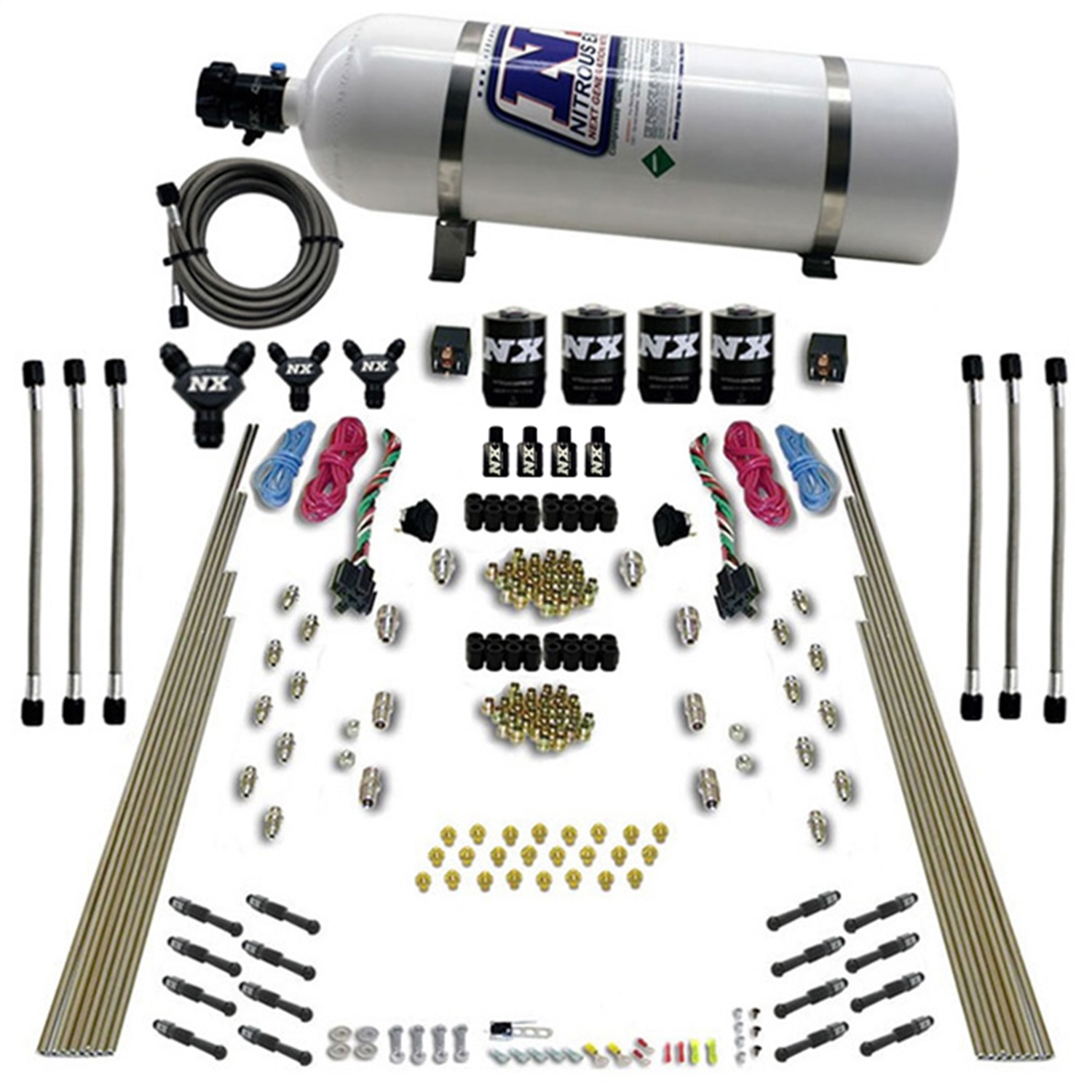 Nitrous Express 93106-15 - 8 Cyl Dry Direct Port Dual Stage 4 Solenoids Nitrous Kit (200-600HP) w/15lb Bottle