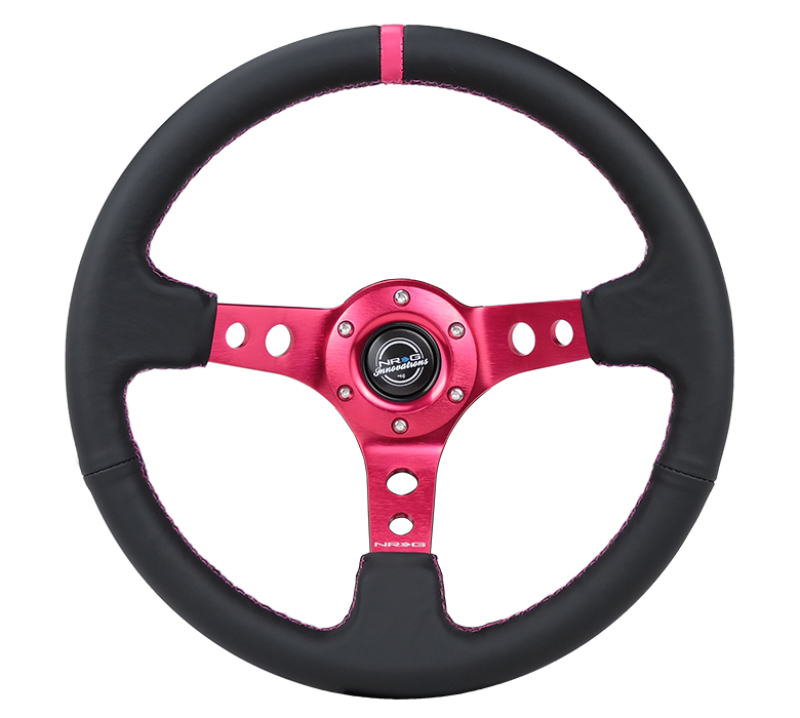 NRG RST-006FH - Reinforced Steering Wheel (350mm/3in. Deep) Black Leather/ Fushia Center Mark/ Fushia Stitching