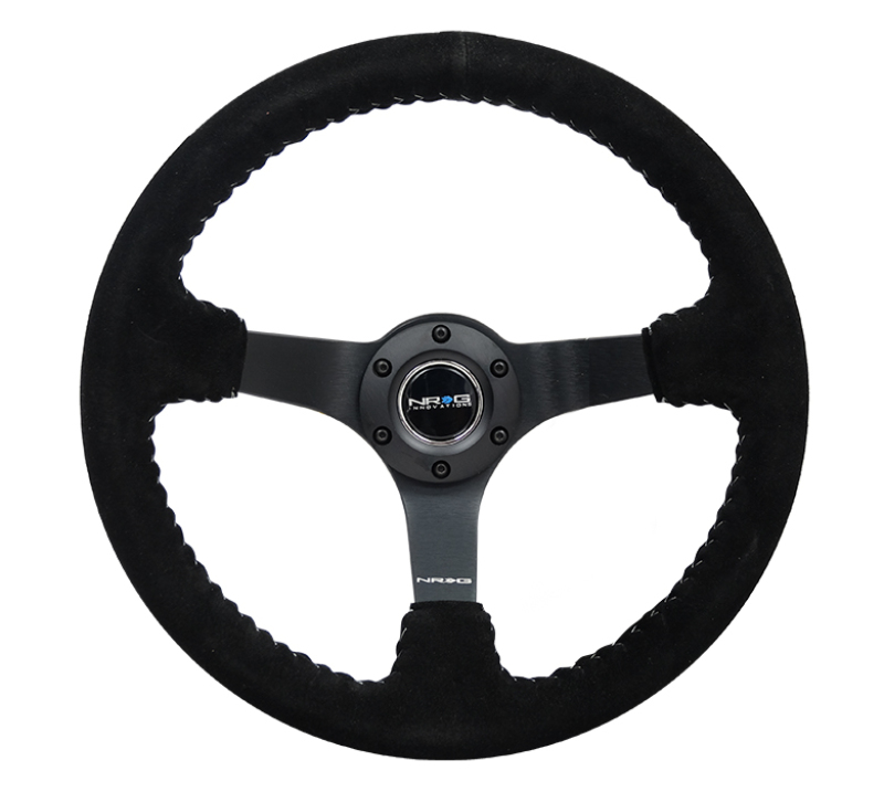 NRG RST-036MB-S-SL - Reinforced Steering Wheel (350mm / 3in. Deep) Blk Suede/Silver BBall Stitch w/5mm Mt. Blk Spokes