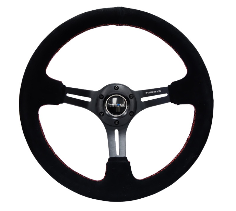 NRG RST-018S-RS - Reinforced Steering Wheel (350mm / 3in. Deep) Blk Suede w/Red Stitching & 5mm Spokes w/Slits