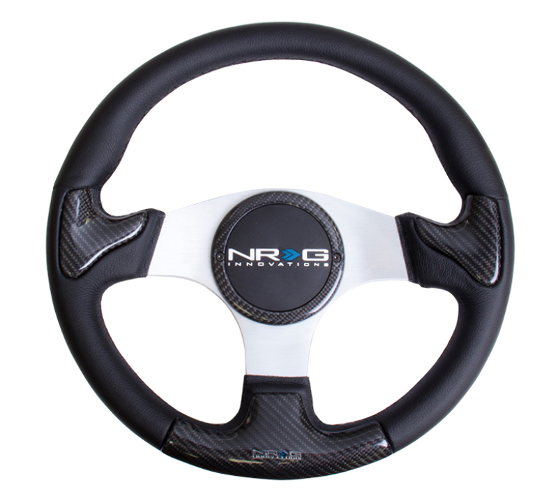 NRG ST-014CFSL - Carbon Fiber Steering Wheel (350mm) Silver Frame Blk Stitching w/Rubber Cover Horn Button