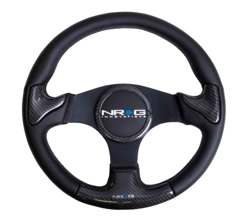 NRG ST-014CFBK - Carbon Fiber Steering Wheel (350mm) Blk Frame Blk Stitching w/Rubber Cover Horn Button