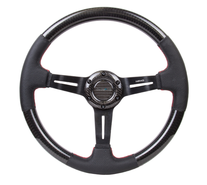 NRG ST-010CFRS - Carbon Fiber Steering Wheel (350mm /1.5in. Deep) Leather Trim w/Red Stitch & Slit Cutout Spokes