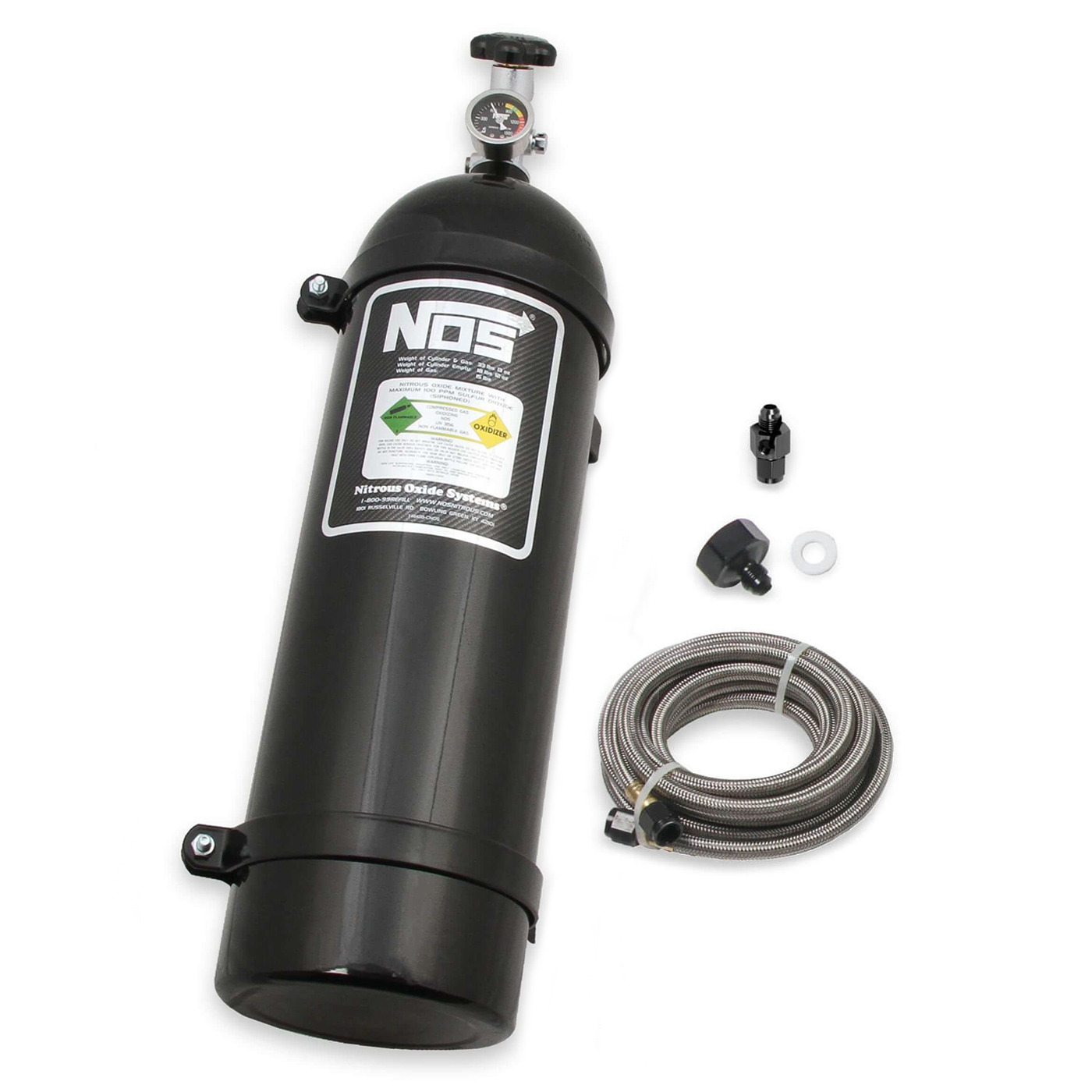 NOS 14736BNOS - 15 lb Nitrous Bottle w/ Black Finish & Super Hi Flo Valve w/ Mounting Brackets & Gauge NOS 14736BNOS - 15 lb Nitrous Bottle w/ Black Finish & Super Hi Flo Valve w/ Mounting Brackets & Gauge