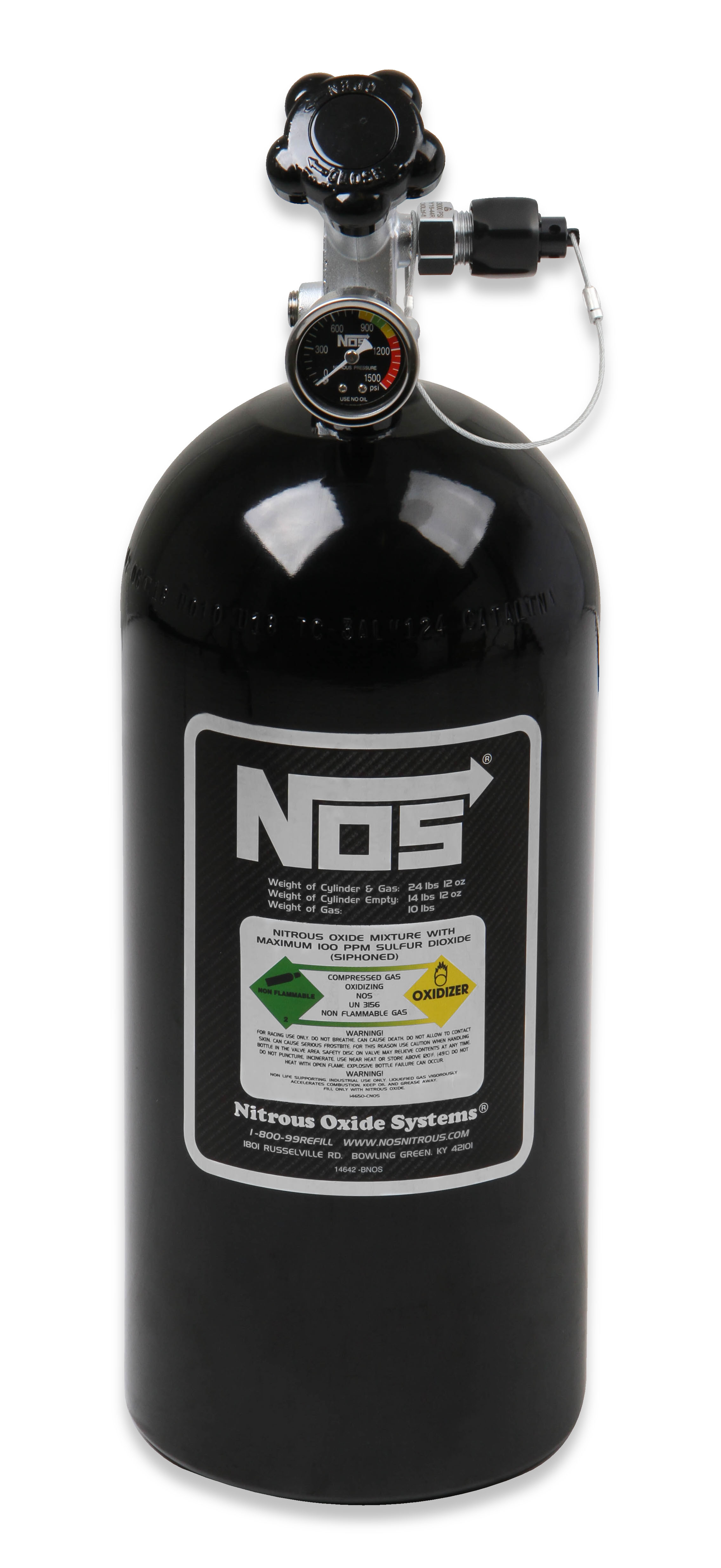 NOS 14745B-TPINOS - 10 lb Nitrous Bottle w/ Black Finish & Super Hi Flo Valve - Includes Racer Safety Blow-Off & Gauge