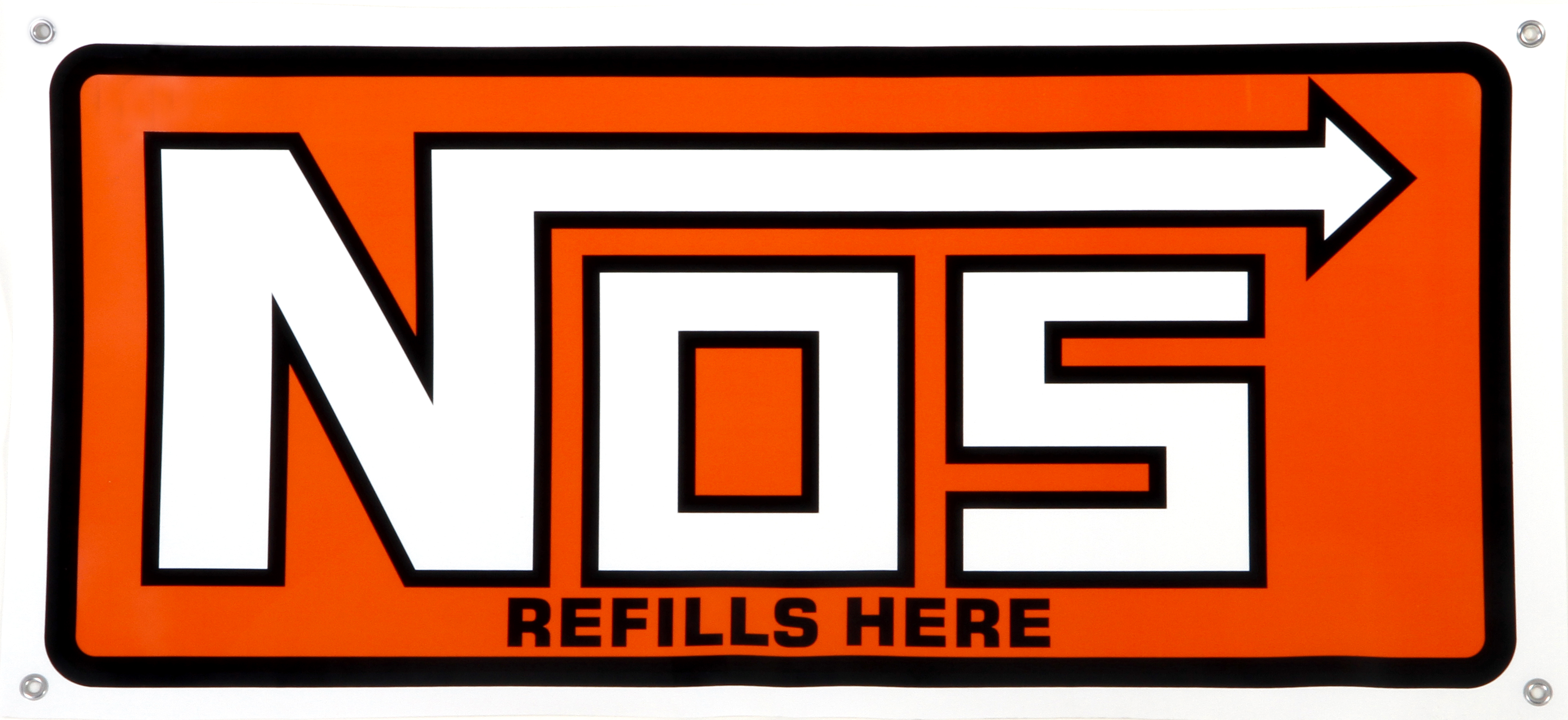 NOS 19304NOS - Banner; Refills Here Logo; White; Nylon; 38 in. x 18 in.; Incl. Grommets; NOS 19304NOS - Banner; Refills Here Logo; White; Nylon; 38 in. x 18 in.; Incl. Grommets;