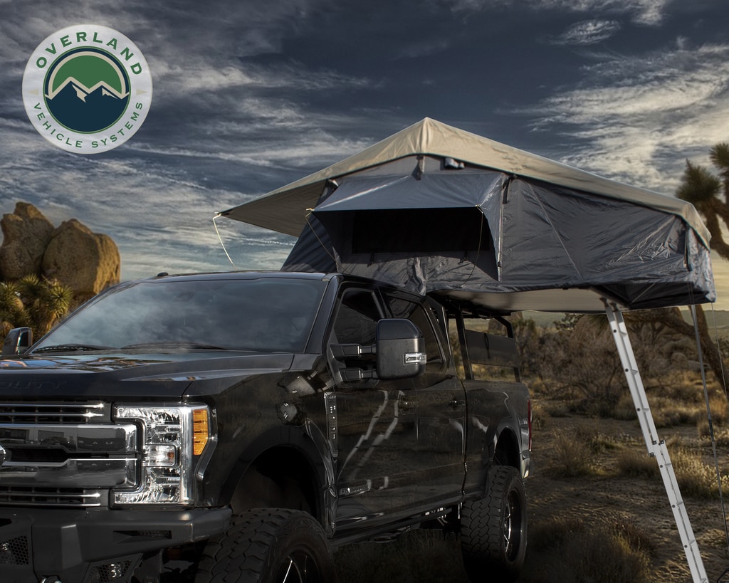 Overland Vehicle Systems 18049936 - Roof Top Tent 4 Person Extended Roof Top Tent Dark Gray Base With Green Rain Fly With Bonus Pack Nomadic