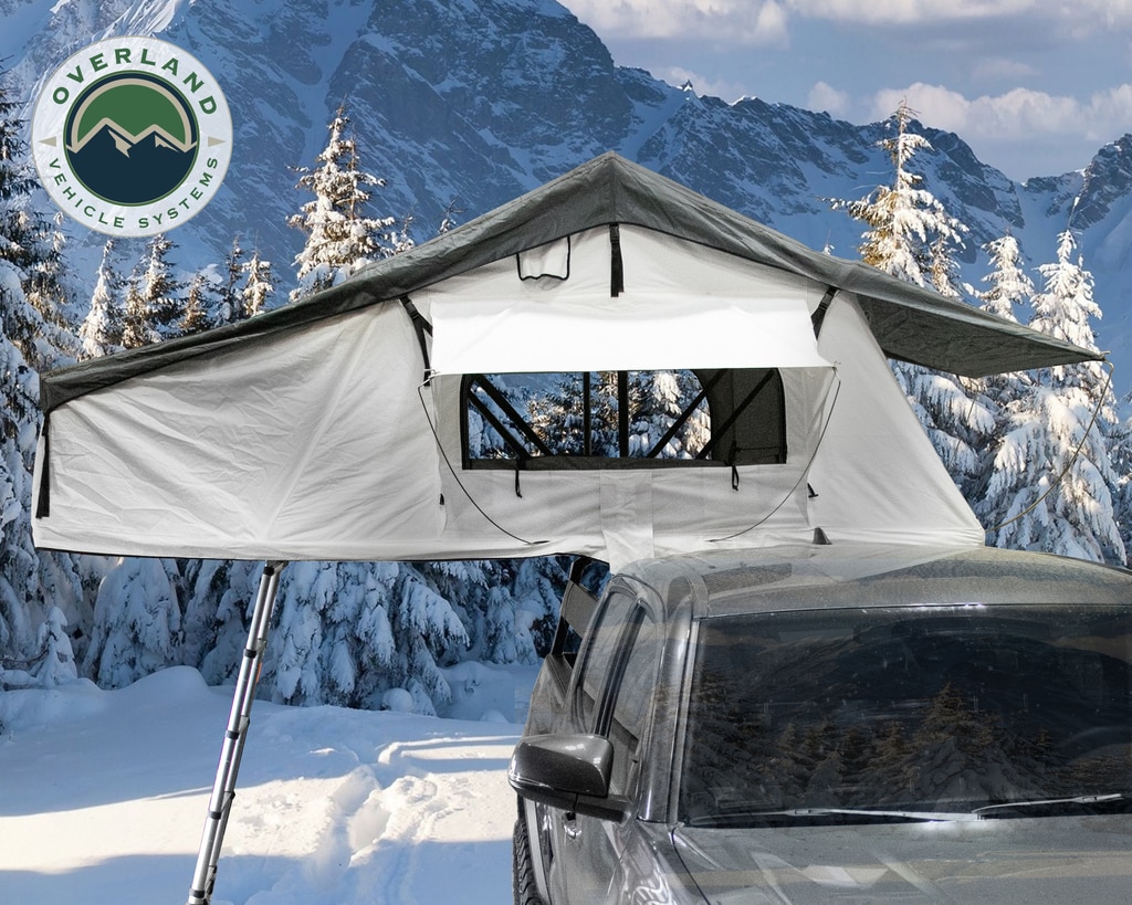 Overland Vehicle Systems 18039926 - Roof Top Tent Extended 3 Person Roof Top Tent White Base/ Dark Gray Rain Fly Black Cover Nomadic Arctic