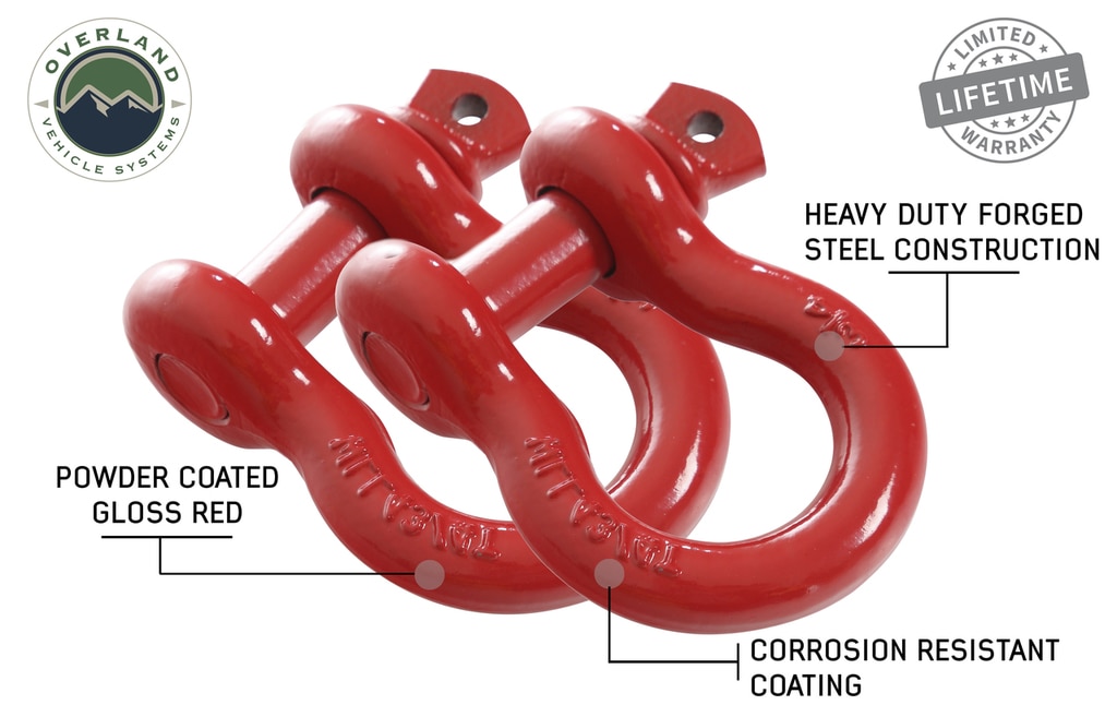 Overland Vehicle Systems 19010204 - Recovery Shackle 3/4 Inch 4.75 Ton Red - Sold In Pairs