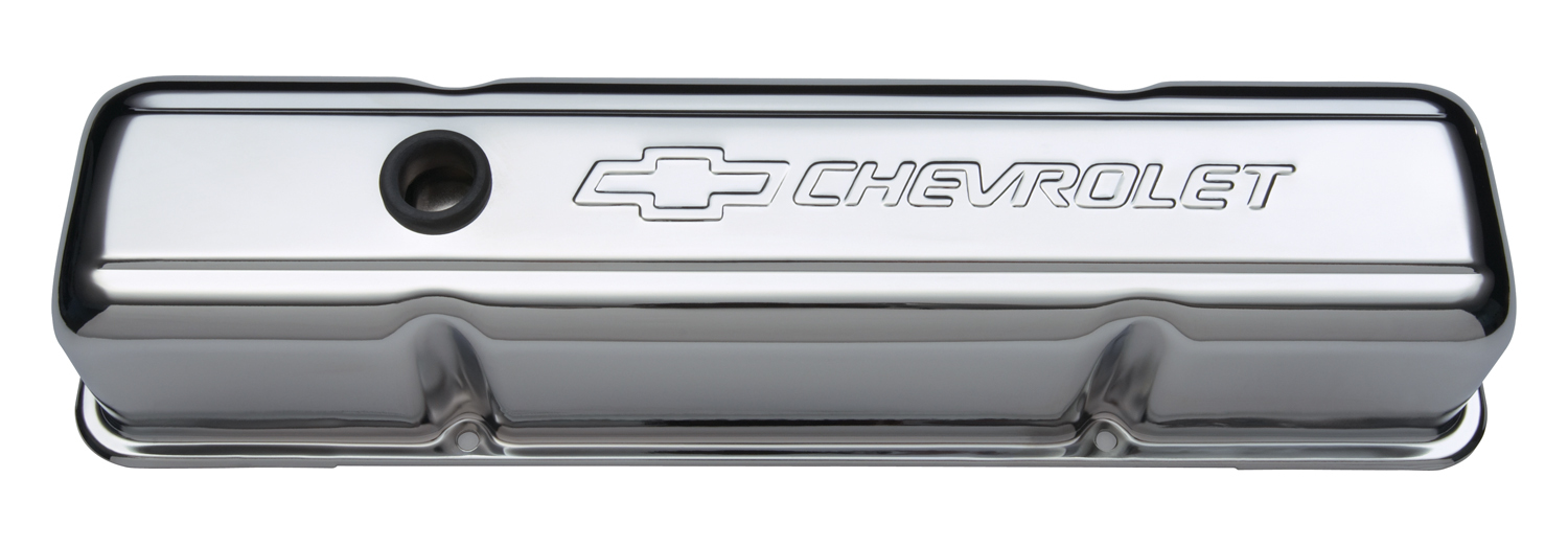 Proform 141-101 - Engine Valve Covers Stamped Steel Tall Chrome No Baffle w/ Bowtie Logo Fits SB Chevy Embossed Chevrolet & Bowtie Logos Chevrolet Performance Parts