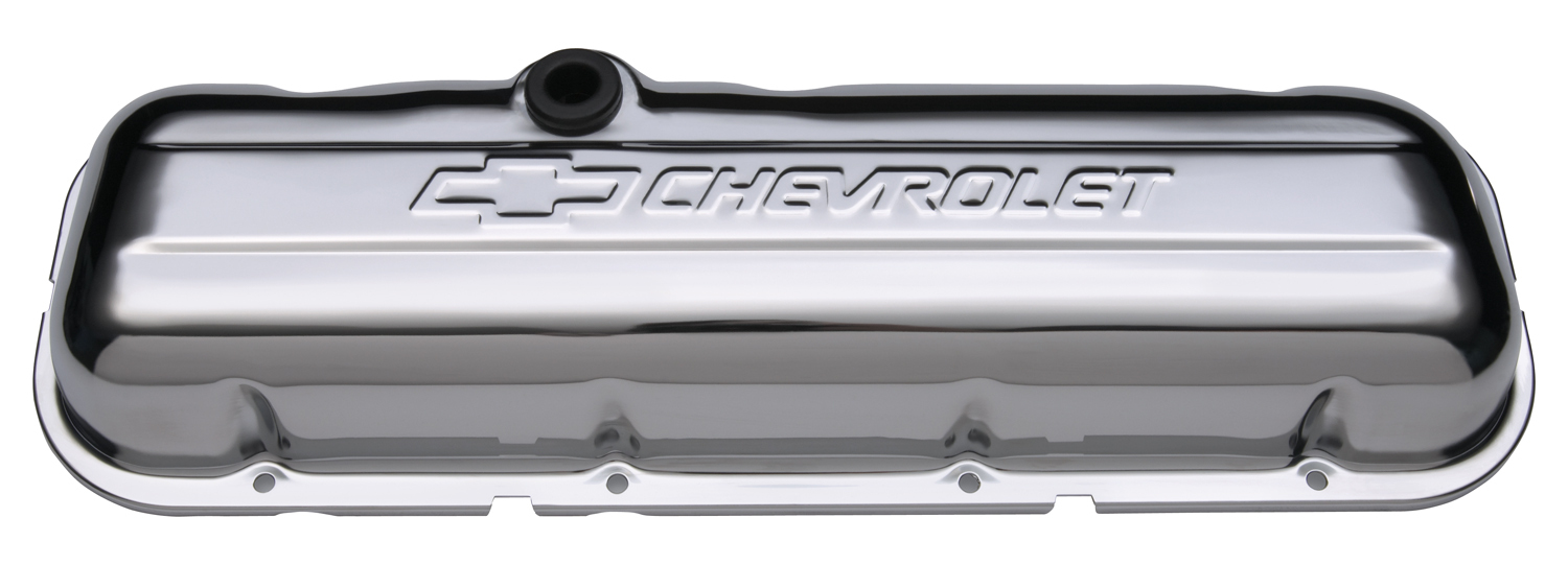 Proform 141-114 - Engine Valve Covers Stamped Steel Short Chrome w/ Bowtie Logo Fits BB Chevy Embossed Chevrolet & Bowtie Logos Chevrolet Performance Parts