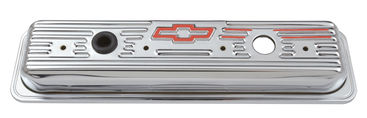 Proform 141-107 - Engine Valve Covers Center Bolt Style Steel Chrome Short With Baffle Bowtie Logo SB Chevy Embossed Red Bowtie Logo Chevrolet Performance Parts