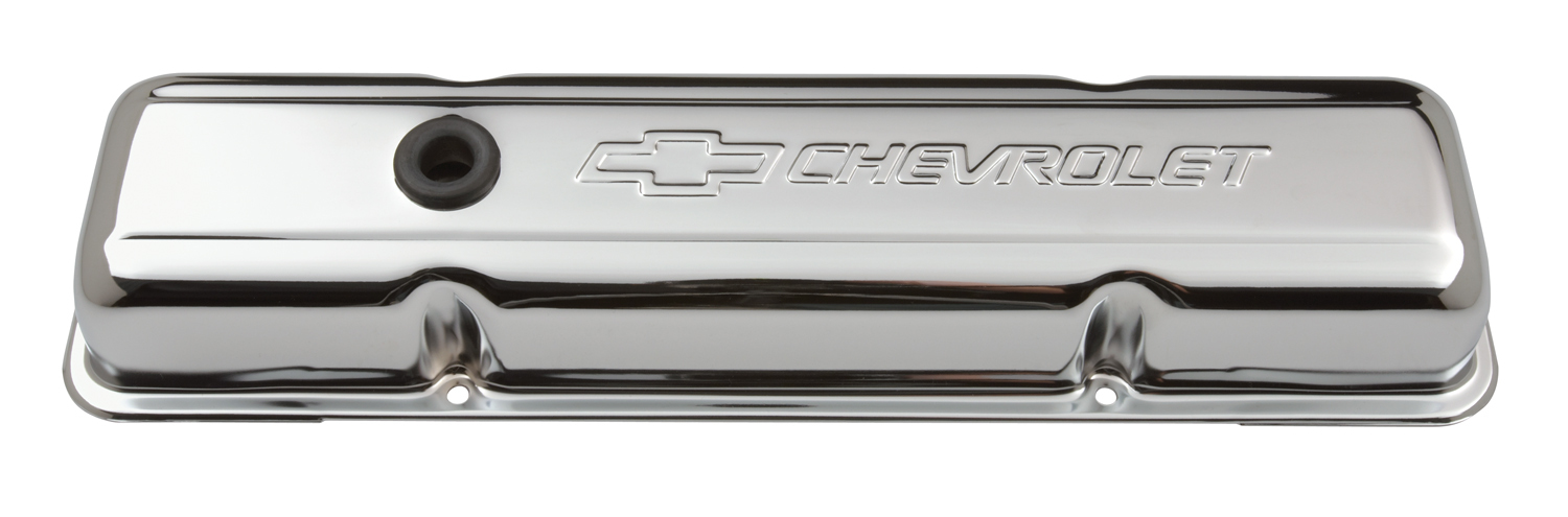 Proform 141-102 - Engine Valve Covers Stamped Steel Short Chrome w/ Bowtie Logo Fits SB Chevy Embossed Chevrolet & Bowtie Logos Chevrolet Performance Parts