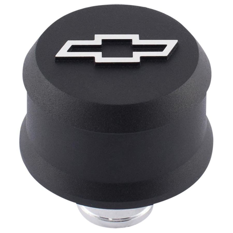Proform 141-858 - Slant-Edge Aluminum Push-In Air Breather Cap Black Crinkle Finish Raised Machined Bowtie Emblem