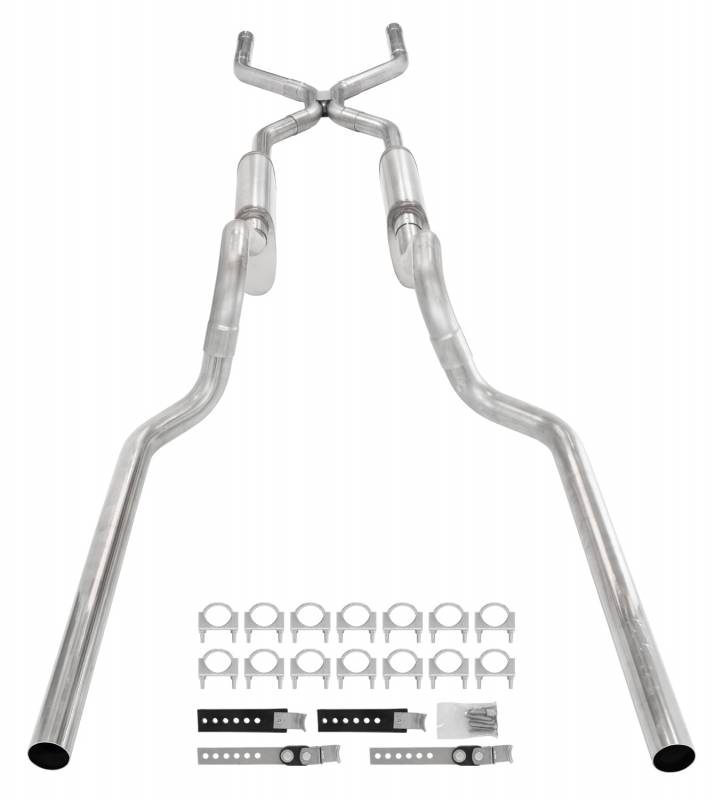 Pypes SGT74R - Crossmember Back W/ H-Pipe Exhaust System 63-66 GM Truck Split Rear Dual Exit 2.5 Inch Intermediate And Tailpipe Hardware Incl Race Pro Muffler Incl And Tip Not Incl Stainless Steel  Exhaust