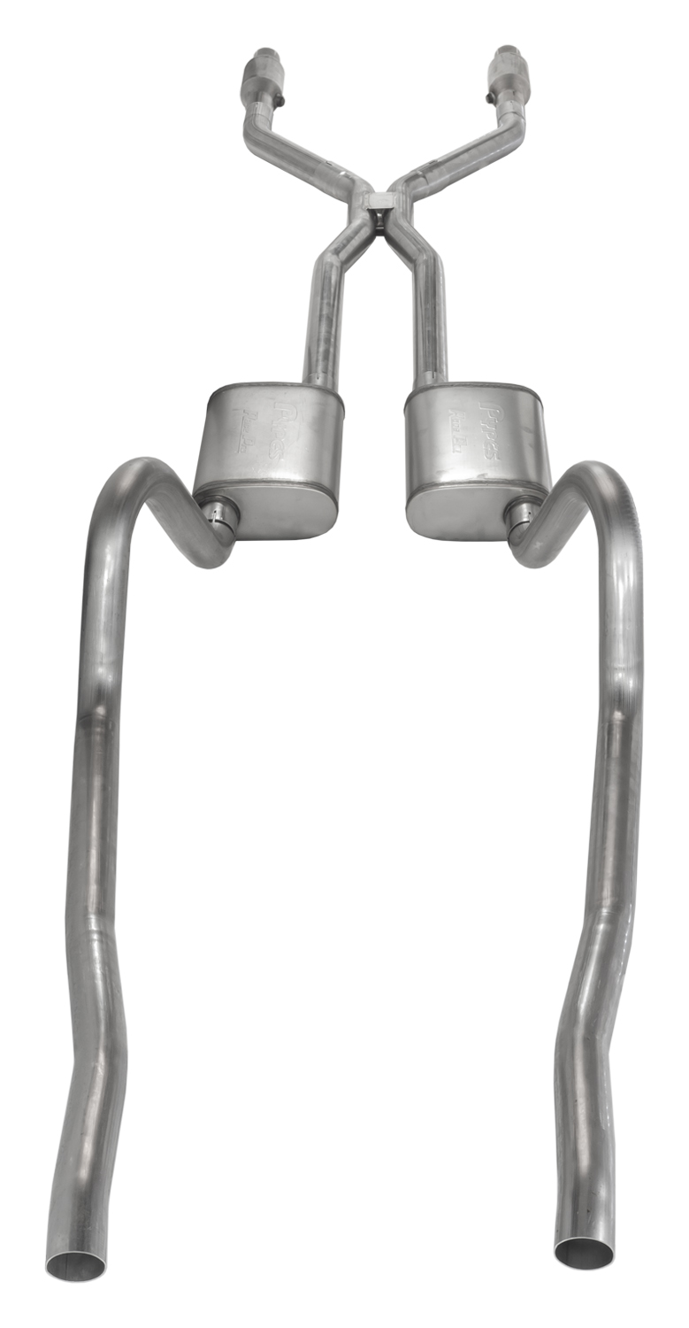 Pypes SMA940E - Crossmember Back w/H-Pipe Exhaust System 75-76 Mopar A-Body Split Rear Dual Exit 2.5 in Intermediate And Tail Pipe Hardware Incl Muffler And Tip Not Incl Catalytic Converter Incl  Exhaust