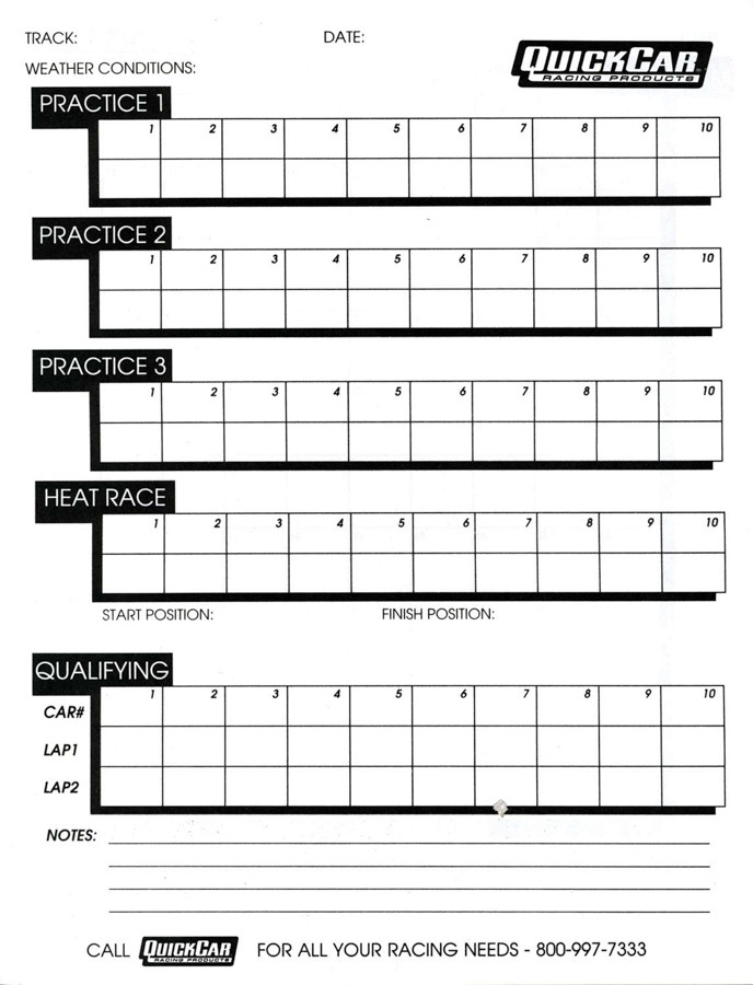 QuickCar 51-235 - Time Organizer Sheets 100 Lap (50PK)
