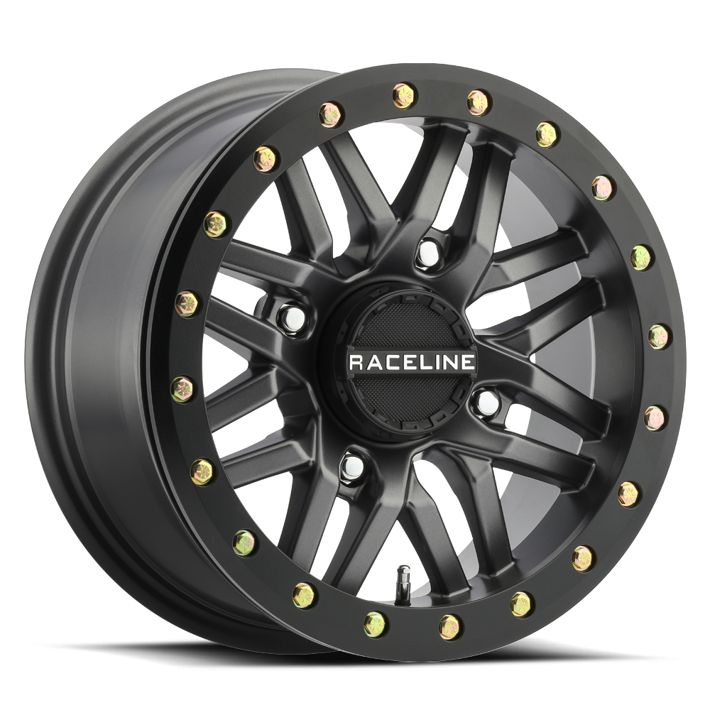 Raceline A91G-51056-55 - A91G Ryno 15x10in/4x156 BP/0mm Offset/132.5mm Bore - Gunmetal & Black Ring Beadlock Wheel