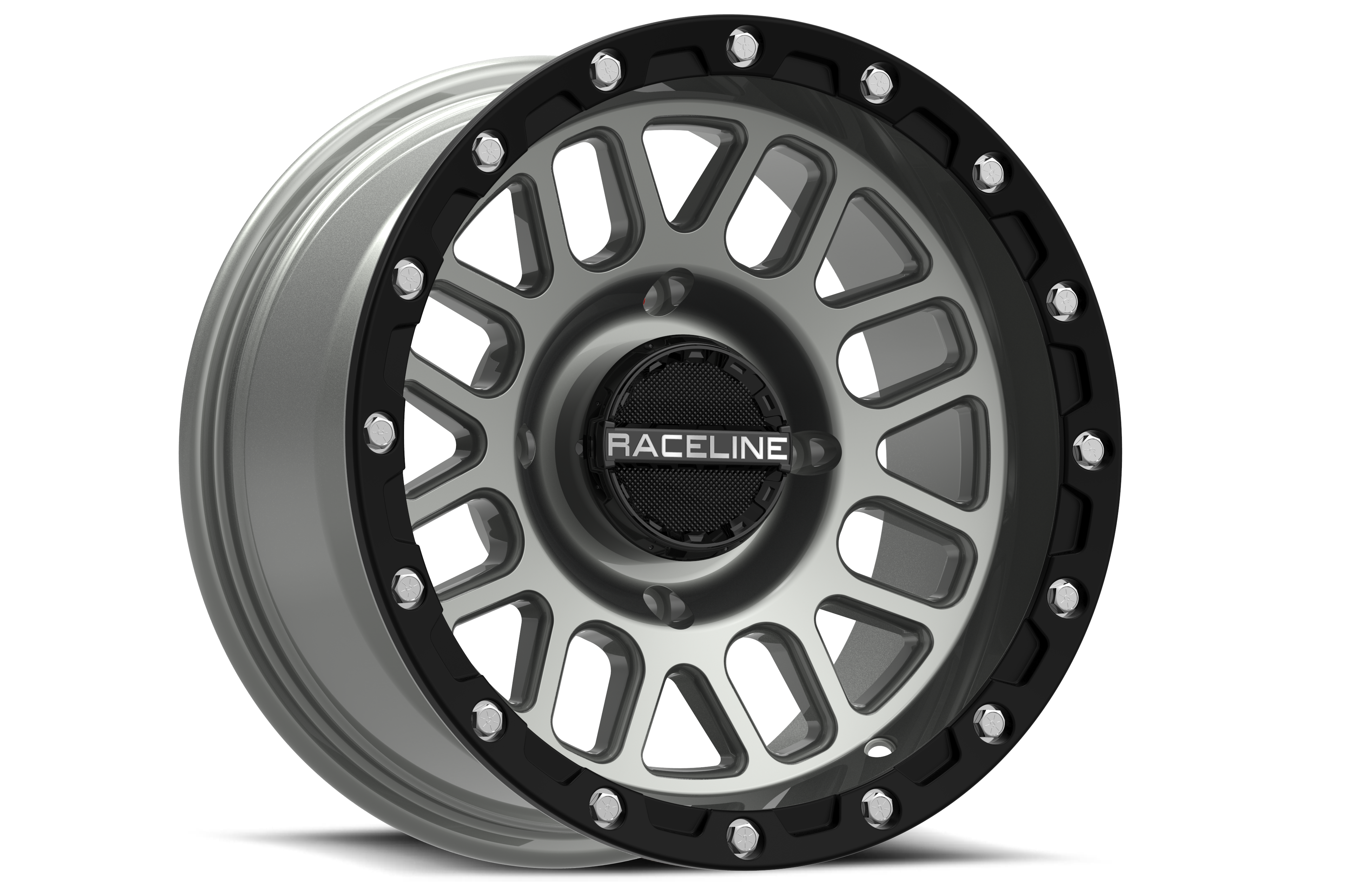 Raceline A93SG-56037+40 - A93SG Podium 15x6in/4x137 BP/40mm Offset/110.18mm Bore - Grey & Black Ring Beadlock Wheel
