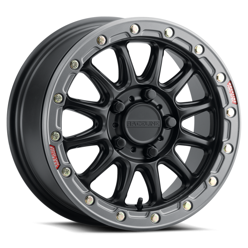 Raceline A14GR-57012+25 - A14GR Alpha 15x7in/5x114.3 BP/25mm Offset/68mm Bore - Gunmetal & Red Ring Beadlock Wheel