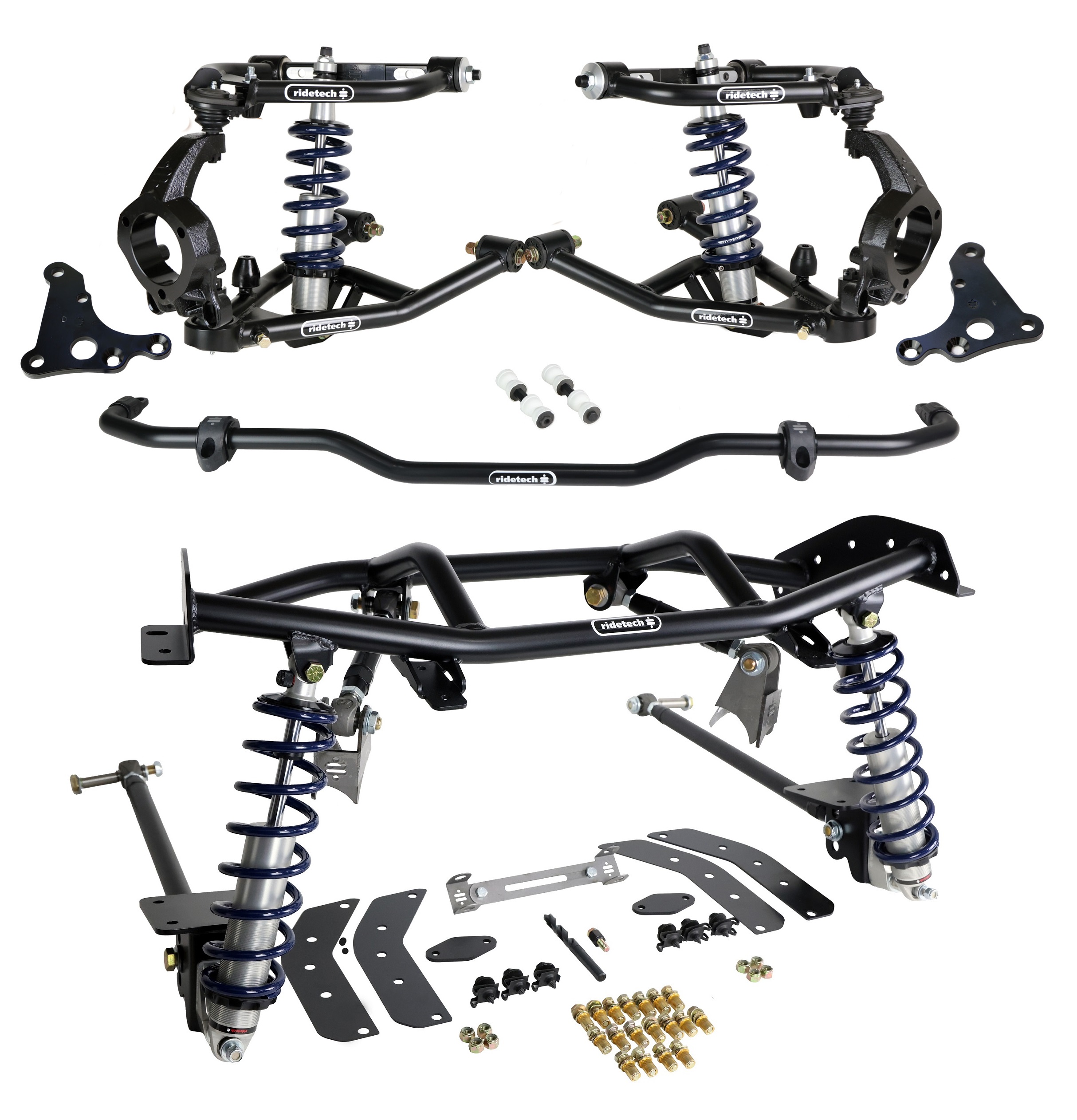 Ridetech 11160203 - HQ Coil-Over System W/ Hub Spindles 1967-1969 Camaro and Firebird Front And Rear HQ Coil-Overs Front Upper And Lower Strongarms Corvette Hub Spindles W/ Caliper Brackets Bolt-On 4-Link W/ Double Adjustable Bars And Front Sway Bar