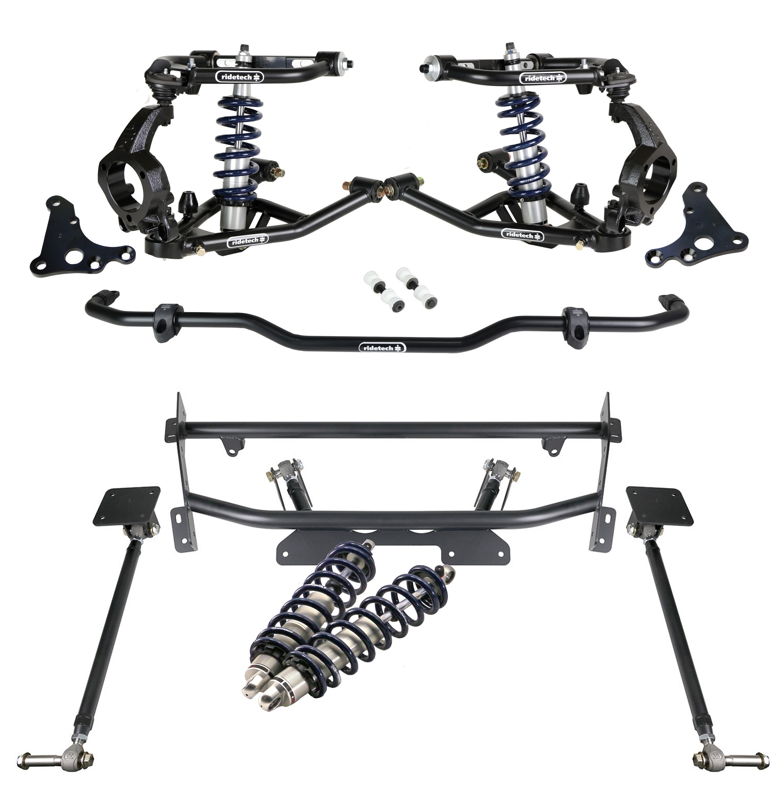 Ridetech 11260203 - HQ Coil-Over System W/ Hub Spindles For 1968-1974 Nova Front And Rear HQ Coil-Overs Front Upper And Lower Strongarms Corvette Hub Spindles Bolt-On 4-Link And Front Sway Bar