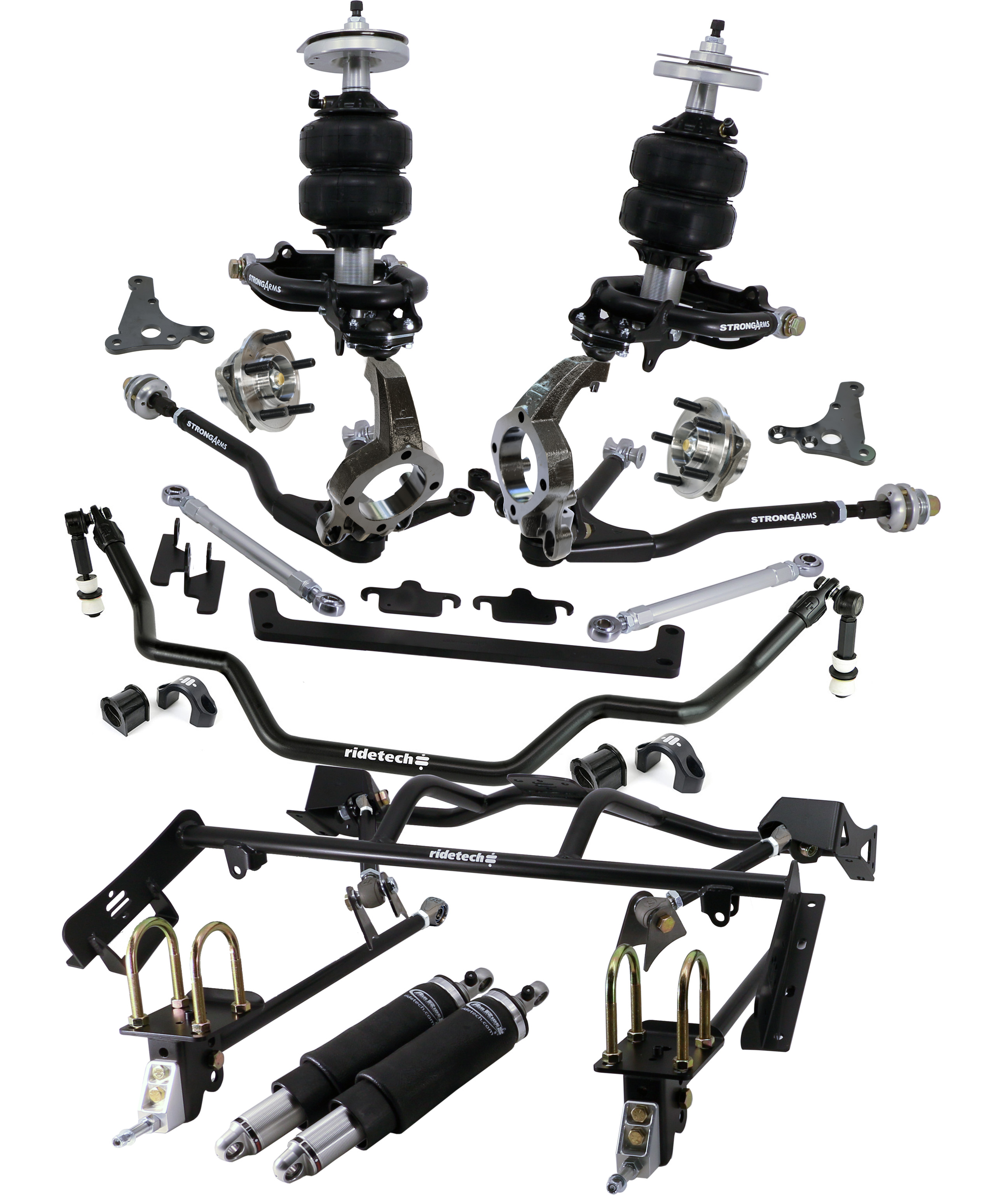 Ridetech 12090296 - HQ Air Suspension System W/ Hub Spindles For 1964-1966 Mustang Front And Rear HQ Shockwaves Front Truturn System Spindles W/ S550 Hubs Caliper Brackets Bolt-On 4-Link Double Adj And Front Sway Bar