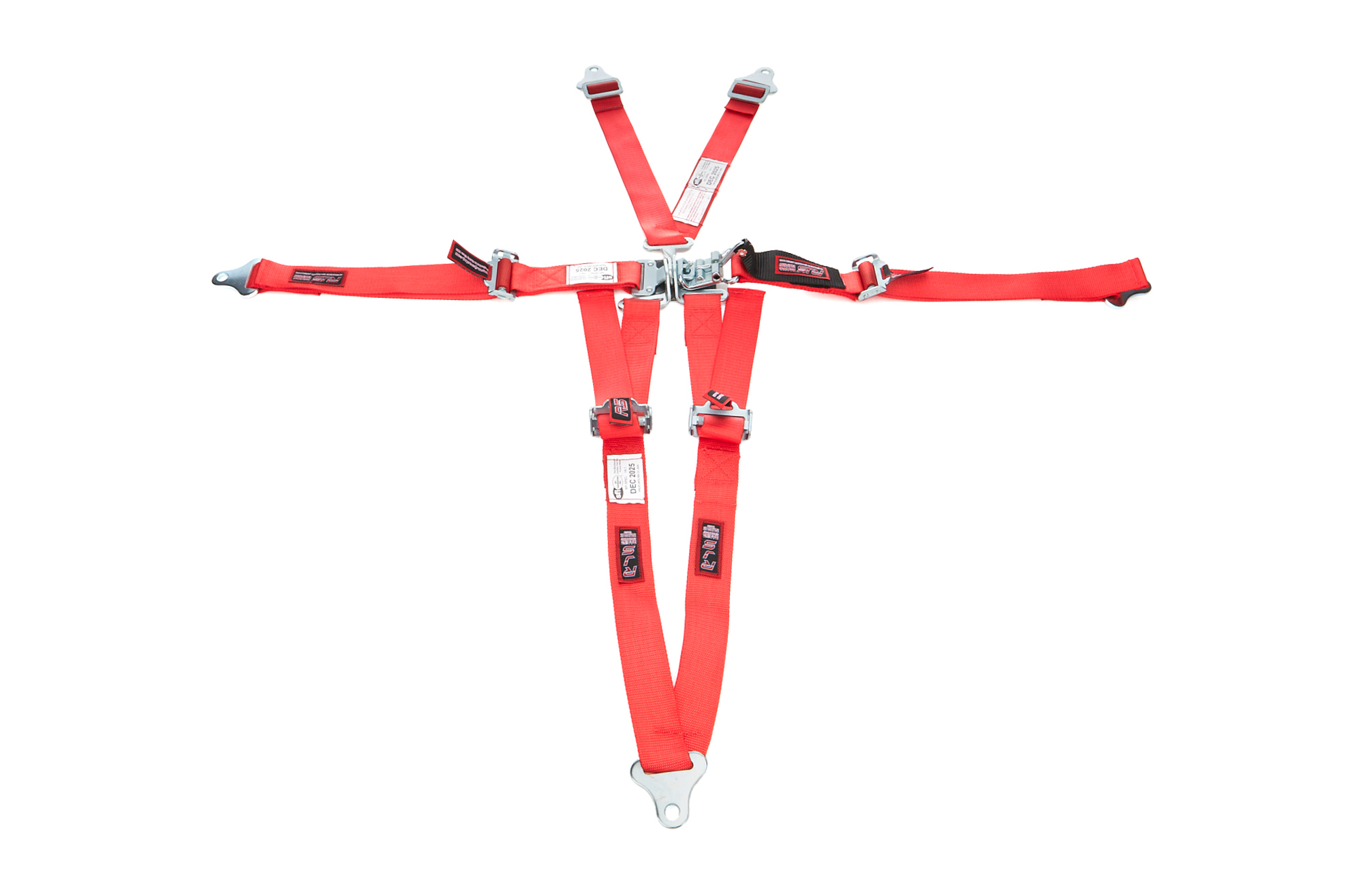RJS Safety 1000104 - Harness - Junior Dragster - 5 Point - Latch and Link - SFI 16.1 - Pull Down Adjust - Bolt-In - V-Type Harness - Red - Kit