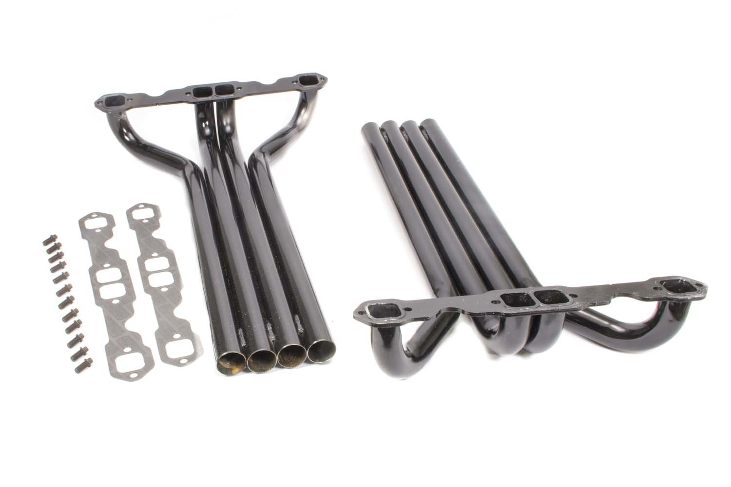 Schoenfeld 1522 - Headers - Demolition Derby - 1.625 in Primary - Exits Through Hood - Gaskets / Hardware Included - Steel - Black Paint - Small Block Chevy - Pair