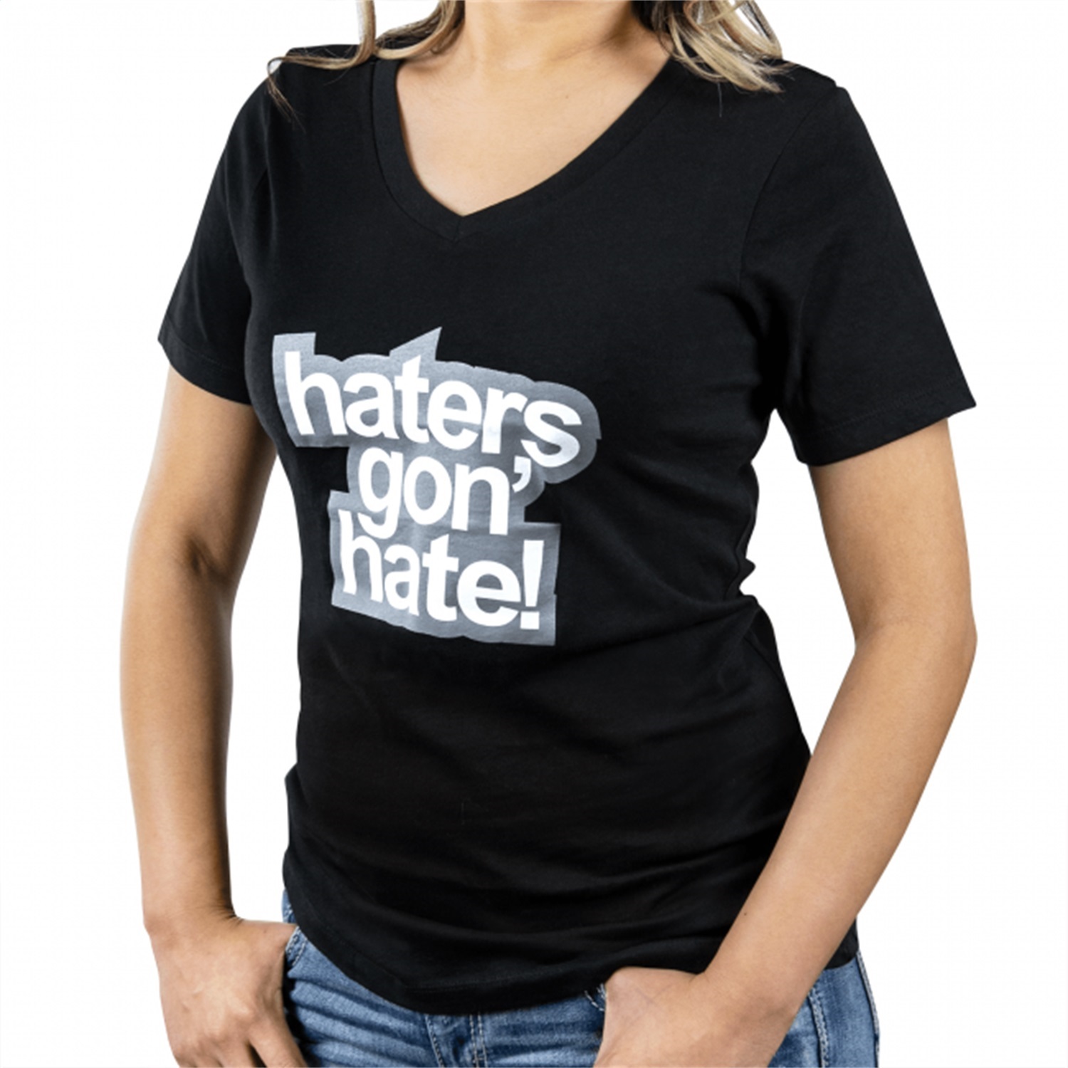 Skunk2 735-99-1840 - Haters T-Shirt; Black V-Neck w/Haters Gon Hate Front/Small Racetrack Logo Back; 100 Percent Cotton; Womens Small; Skunk2 735-99-1840 - Haters T-Shirt; Black V-Neck w/Haters Gon Hate Front/Small Racetrack Logo Back; 100 Percent Cotton; Womens Small;