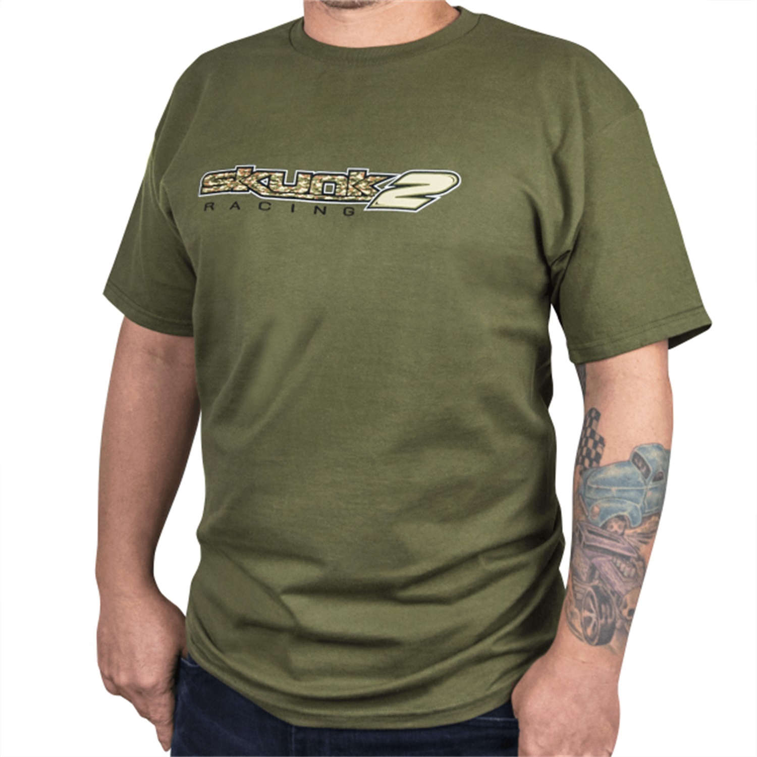 Skunk2 735-99-1815 - Camo T-Shirt; Military Green w/ Logo Front/Race Track Logo w/Support Our Troops Back; 100 Percent Cotton; 3X-Large;