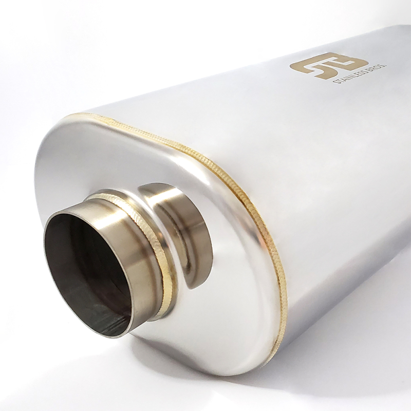 Stainless Bros 616-06323-2100 - 2.5in x 17in OAL SS304 Oval Muffler - Polished Stainless Bros 616-06323-2100 - 2.5in x 17in OAL SS304 Oval Muffler - Polished