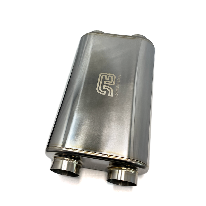 Stainless Bros 616-06323-2250 - 17in OAL 2.5in Thin Oval SS304 Polished Finish Muffler - 2.5in Dual In/Dual Out Stainless Bros 616-06323-2250 - 17in OAL 2.5in Thin Oval SS304 Polished Finish Muffler - 2.5in Dual In/Dual Out