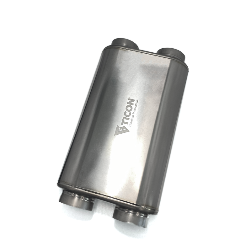 Ticon 116-07623-0250 - Industries 17in OAL 3.0in Dual In/Out Thin Oval Titanium Muffler - Matte Ticon 116-07623-0250 - Industries 17in OAL 3.0in Dual In/Out Thin Oval Titanium Muffler - Matte