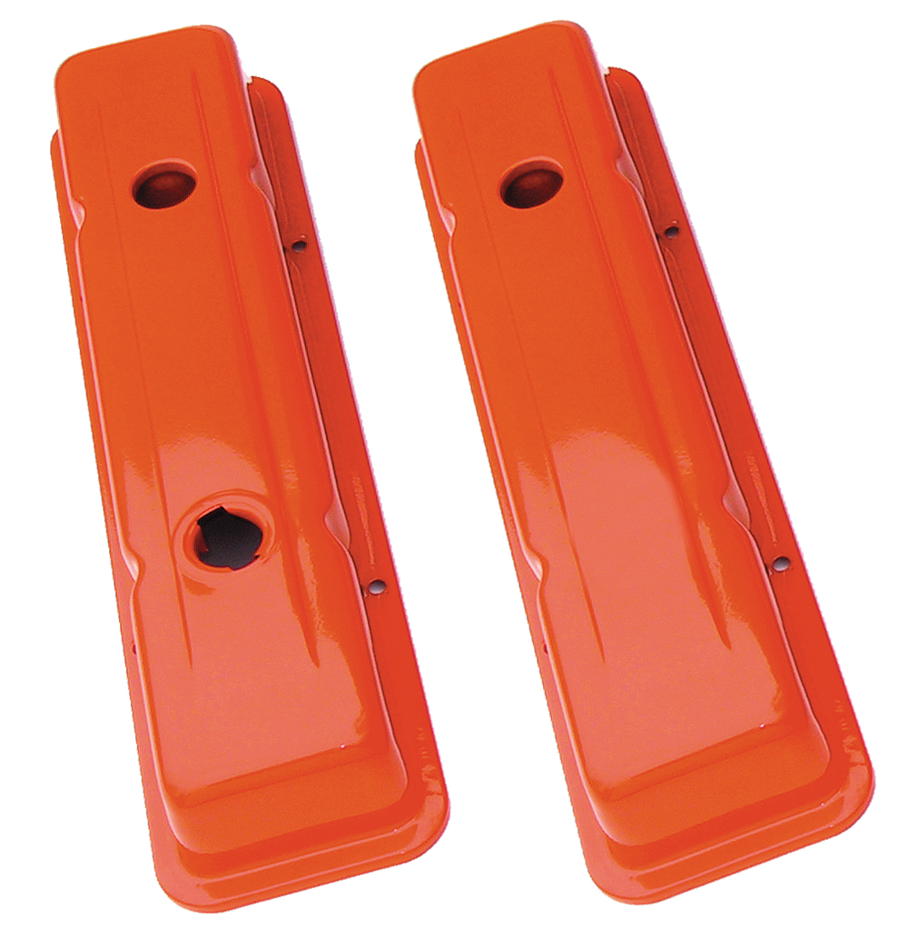 Trans-Dapt Performance 9916 - O.E.M REPRODUCTION STYLE VALVE COVERS; SHORT; 1958-86 SB CHEVY- CHEVY ORANGE POWDER COATED